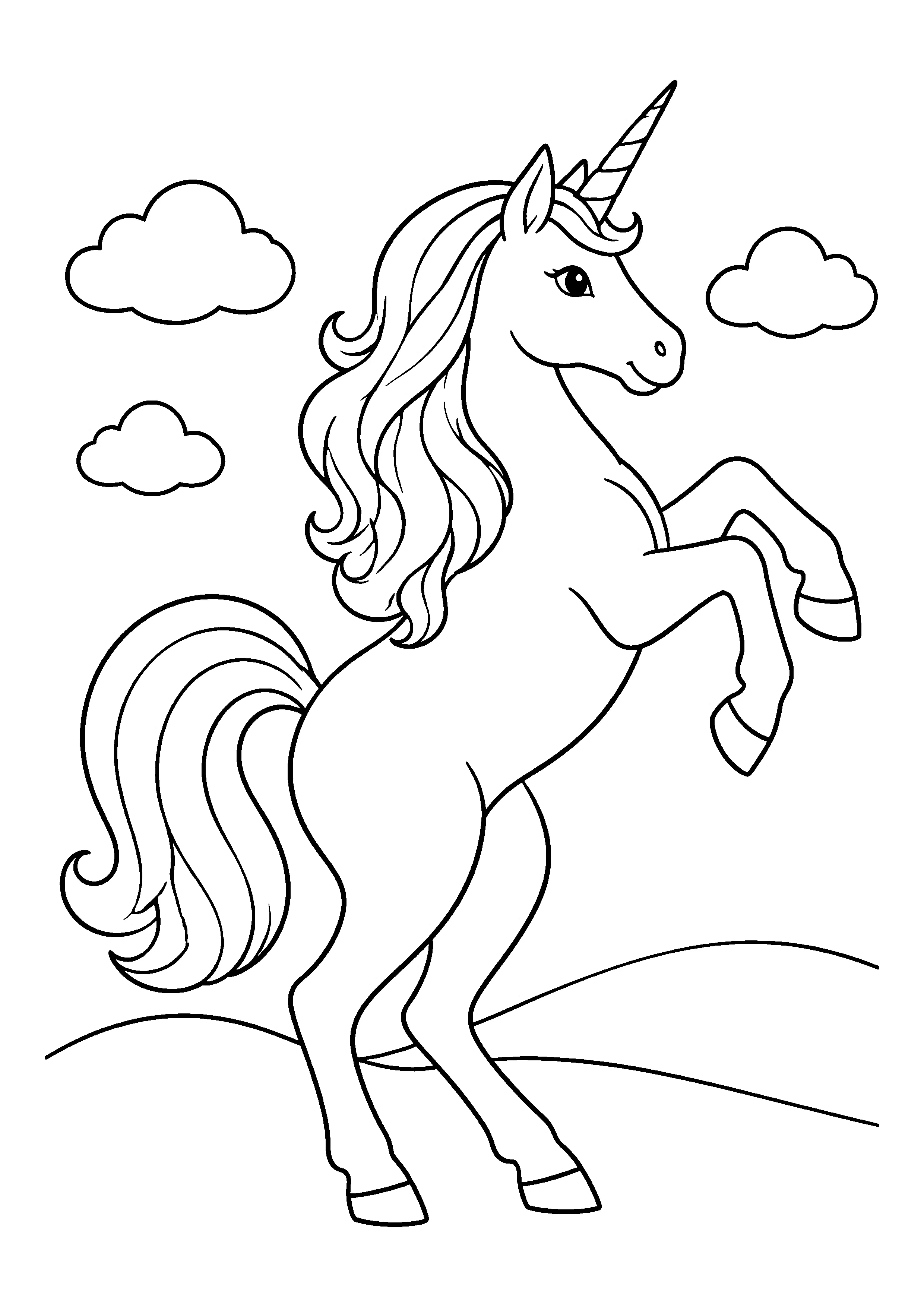 Unicorn rearing up coloring page, printable line art