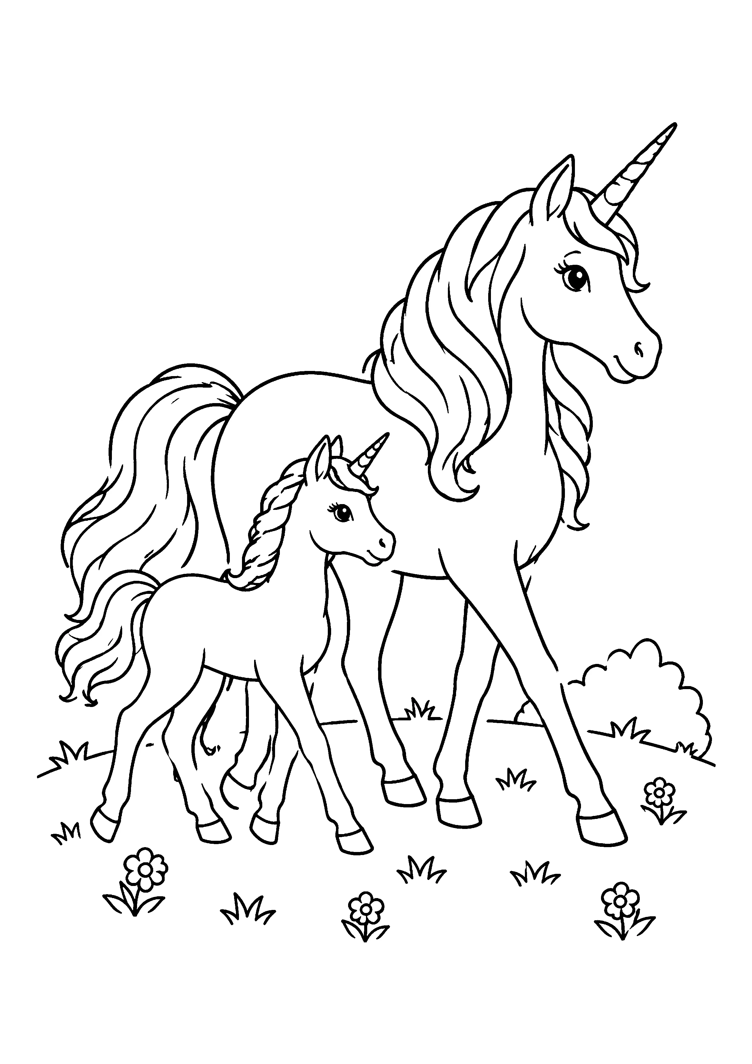 Mother unicorn with foal coloring page, printable line art