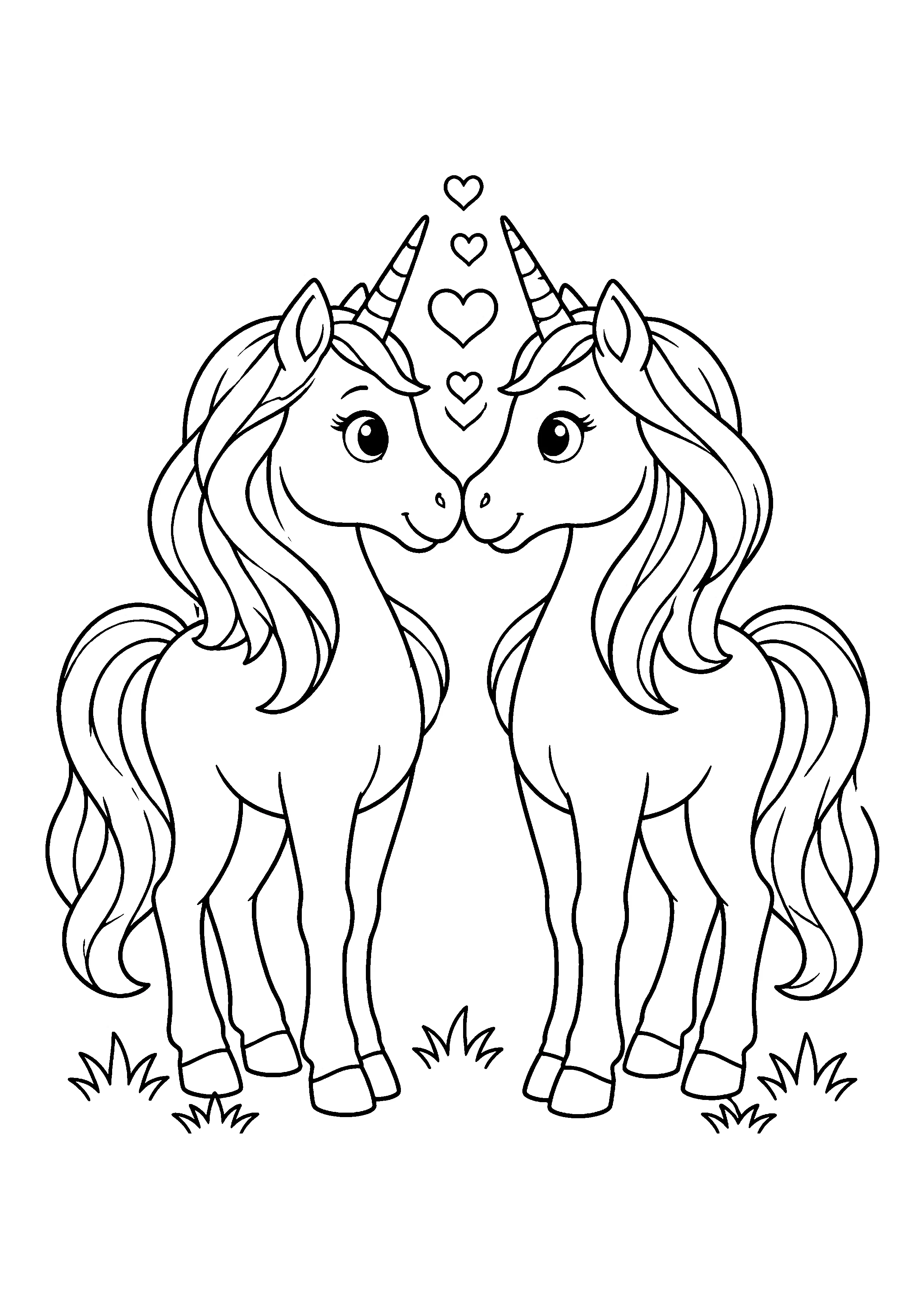Two unicorns with hearts coloring page, printable line art
