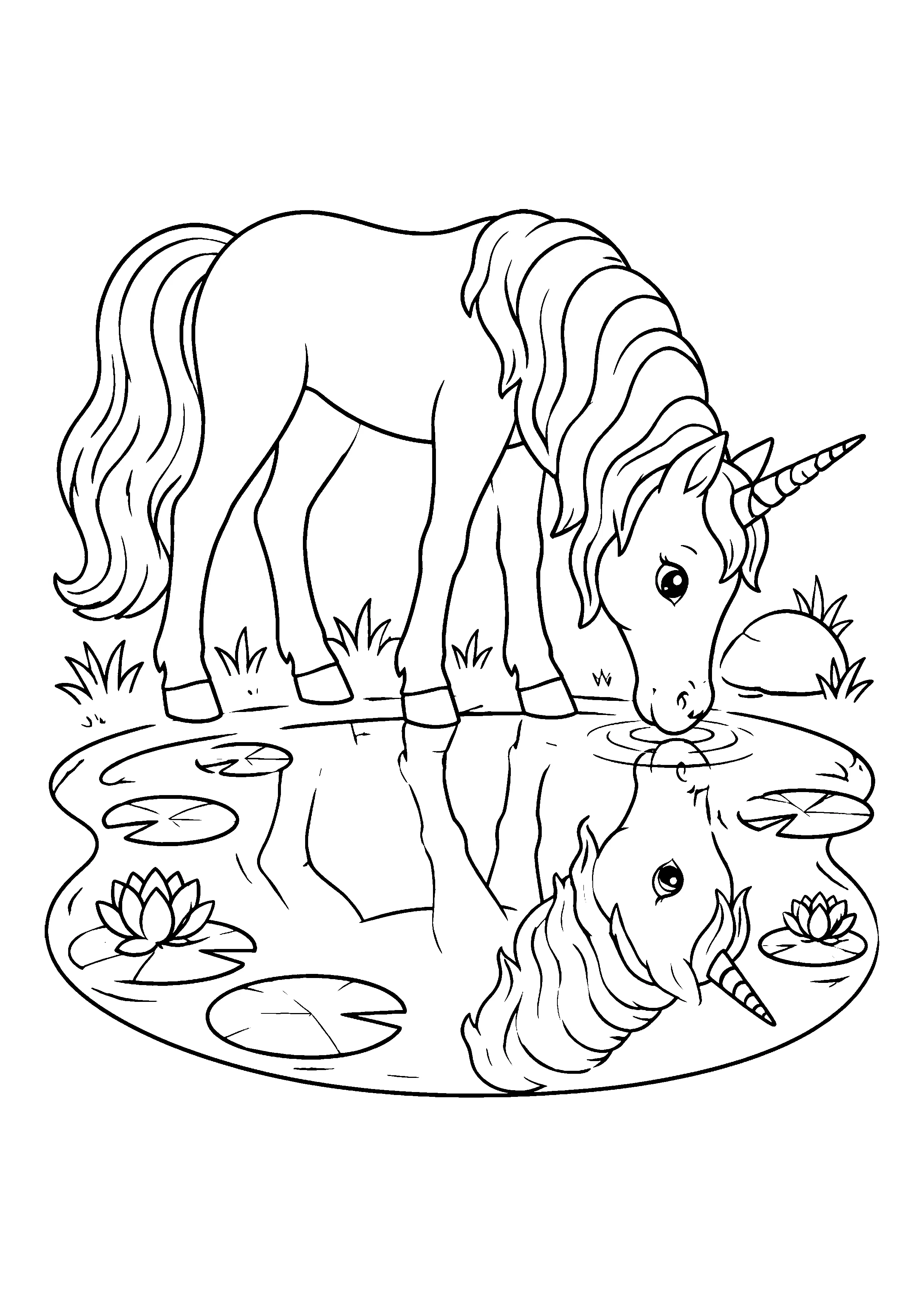 Unicorn drinking from pond coloring page, printable line art