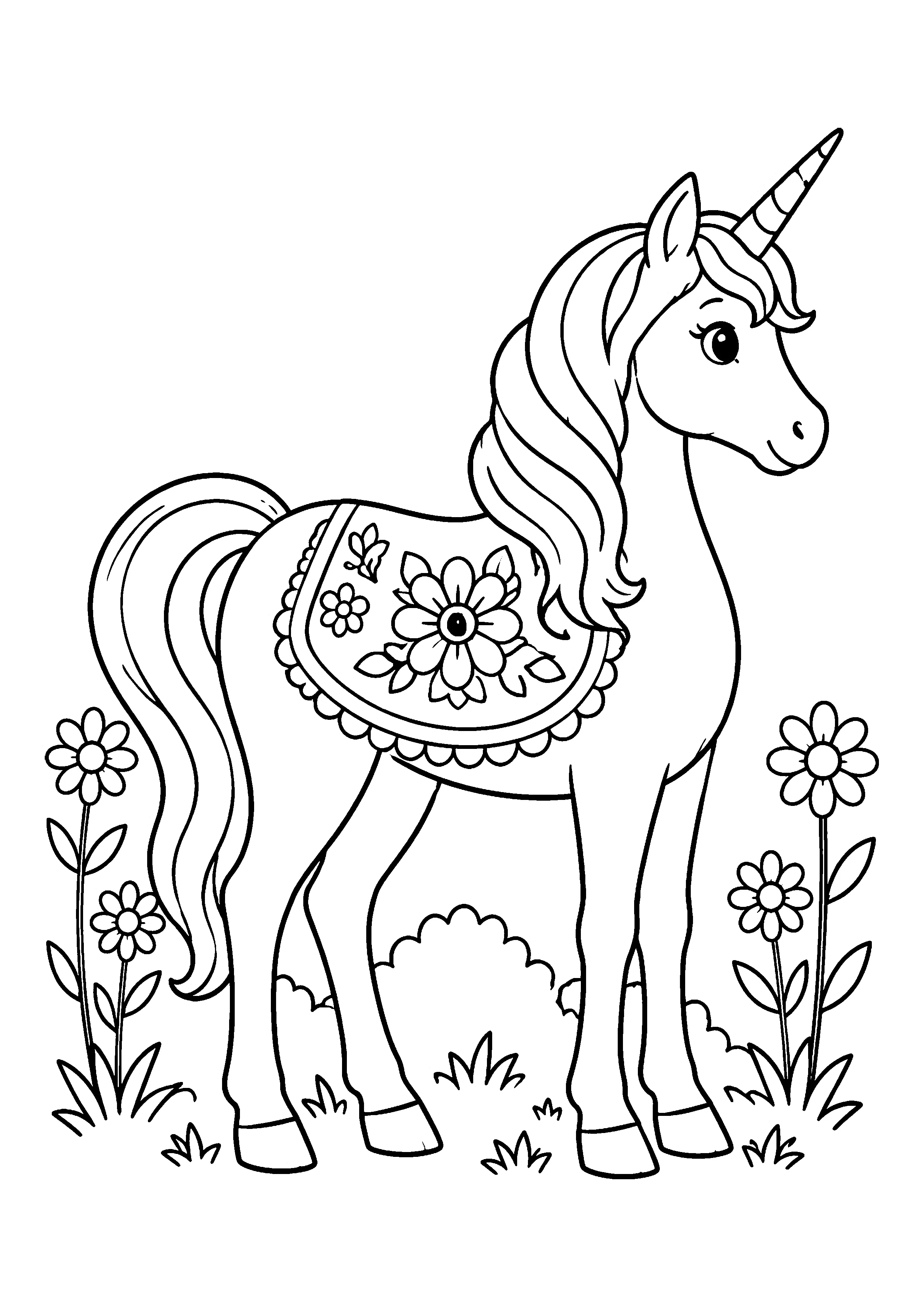 Unicorn in flower garden coloring page, printable line art