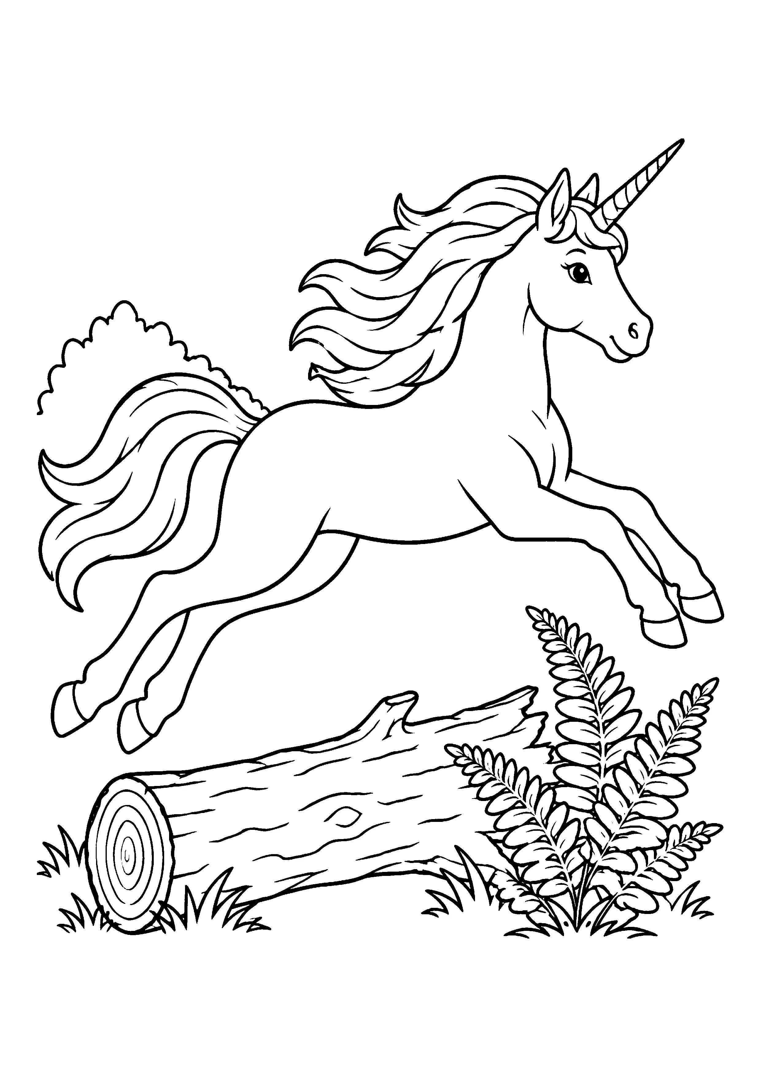 Unicorn leaping over log coloring page, printable line art