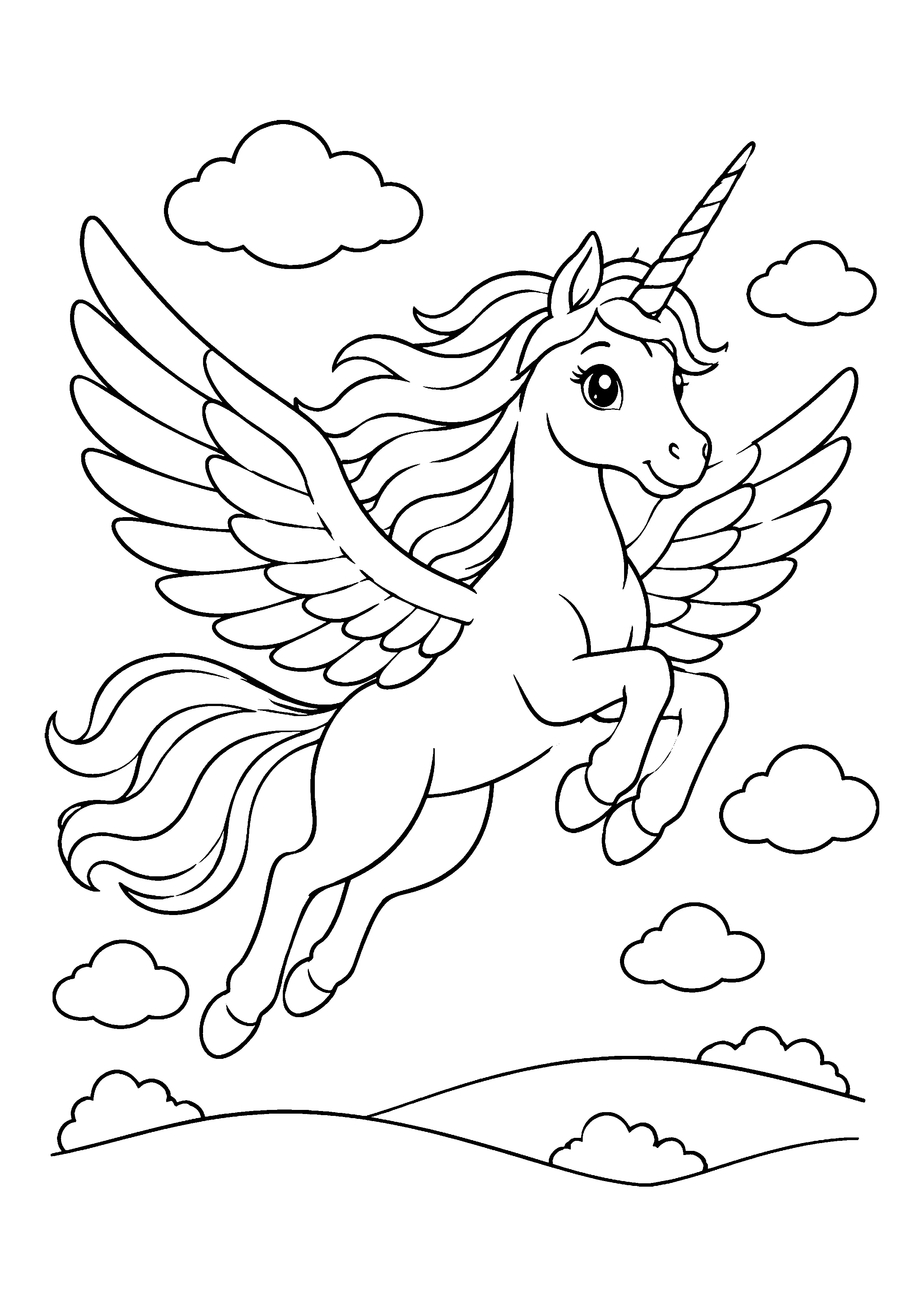 Winged unicorn above hills coloring page, printable line art
