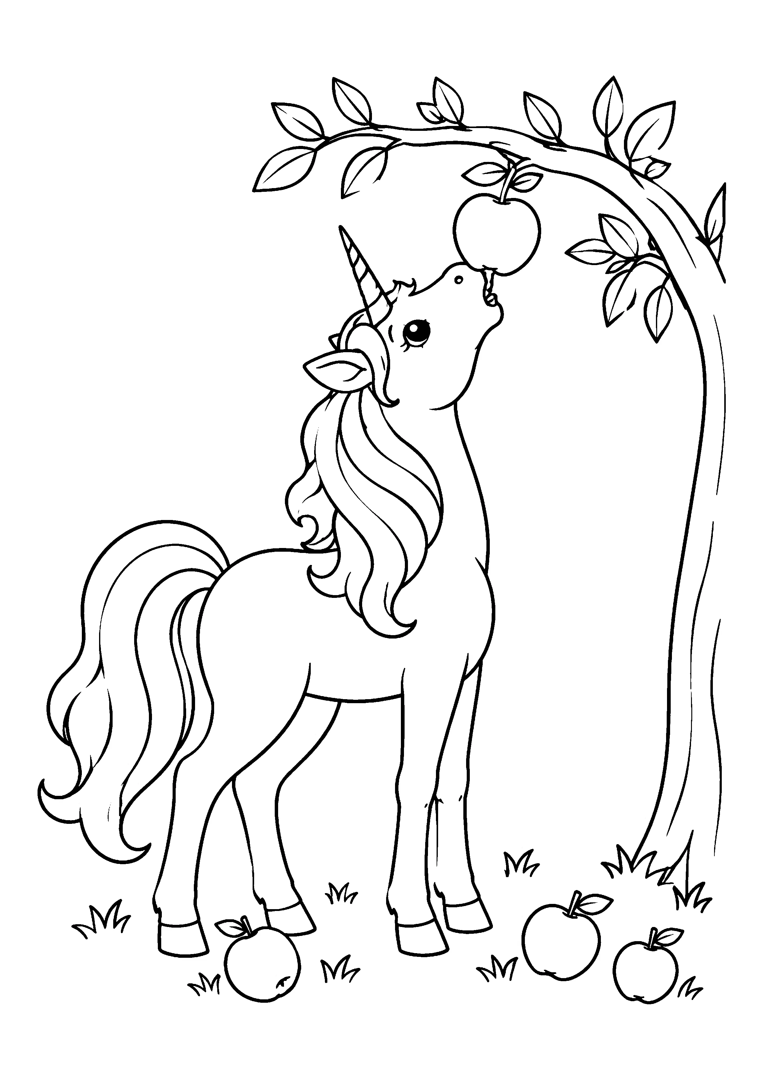 Unicorn eating an apple coloring page, printable line art