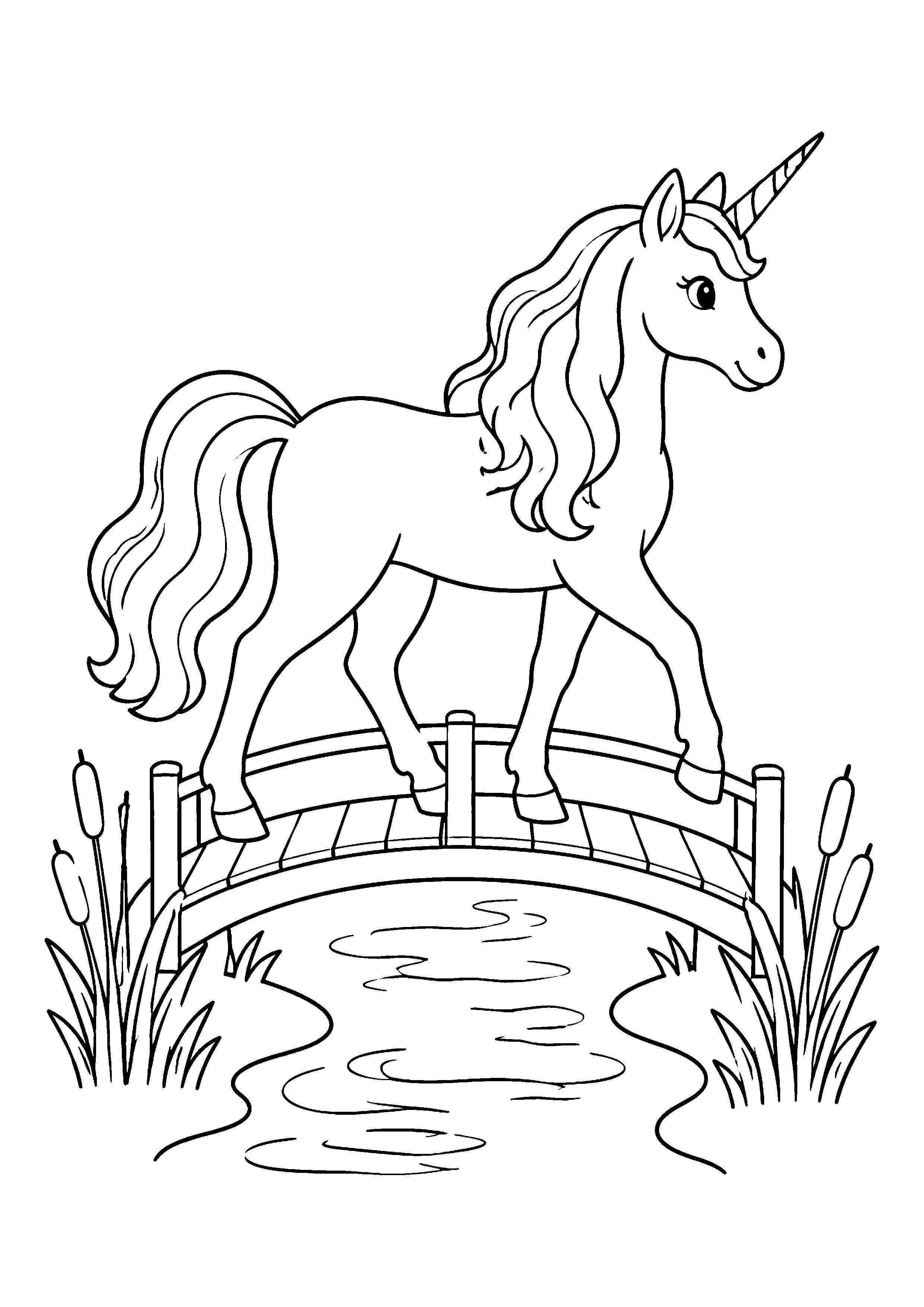Unicorn on wooden bridge coloring page, printable line art