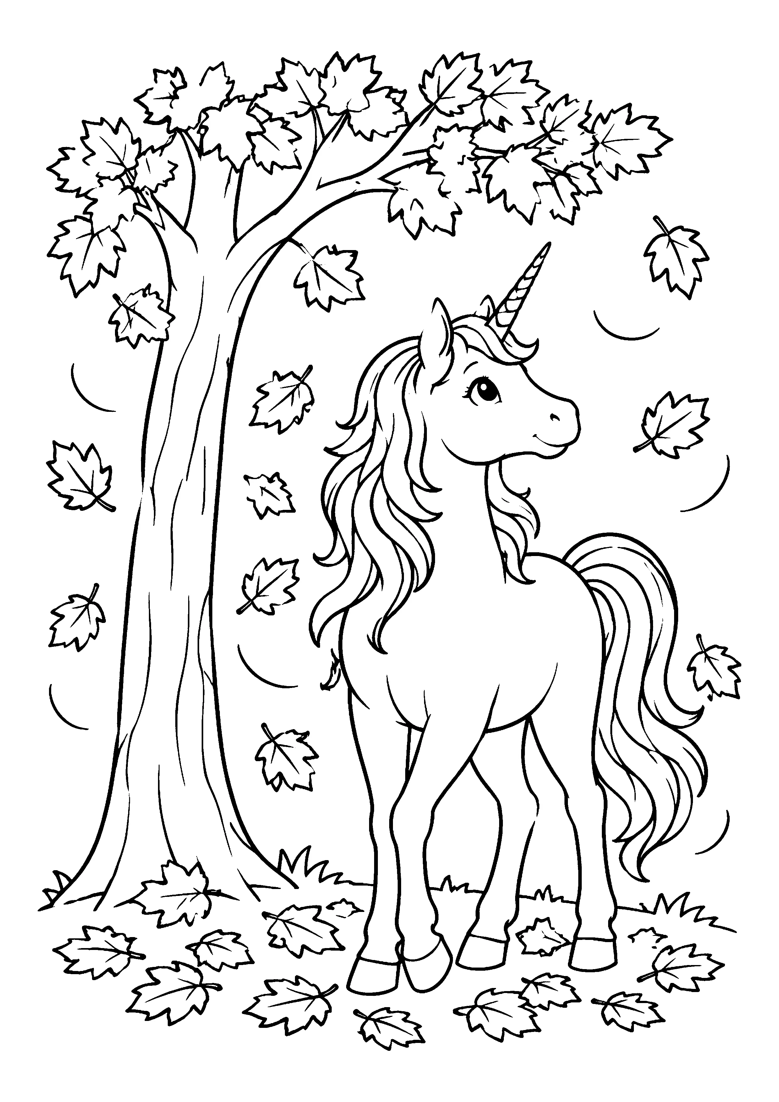 Unicorn under autumn tree coloring page, printable line art