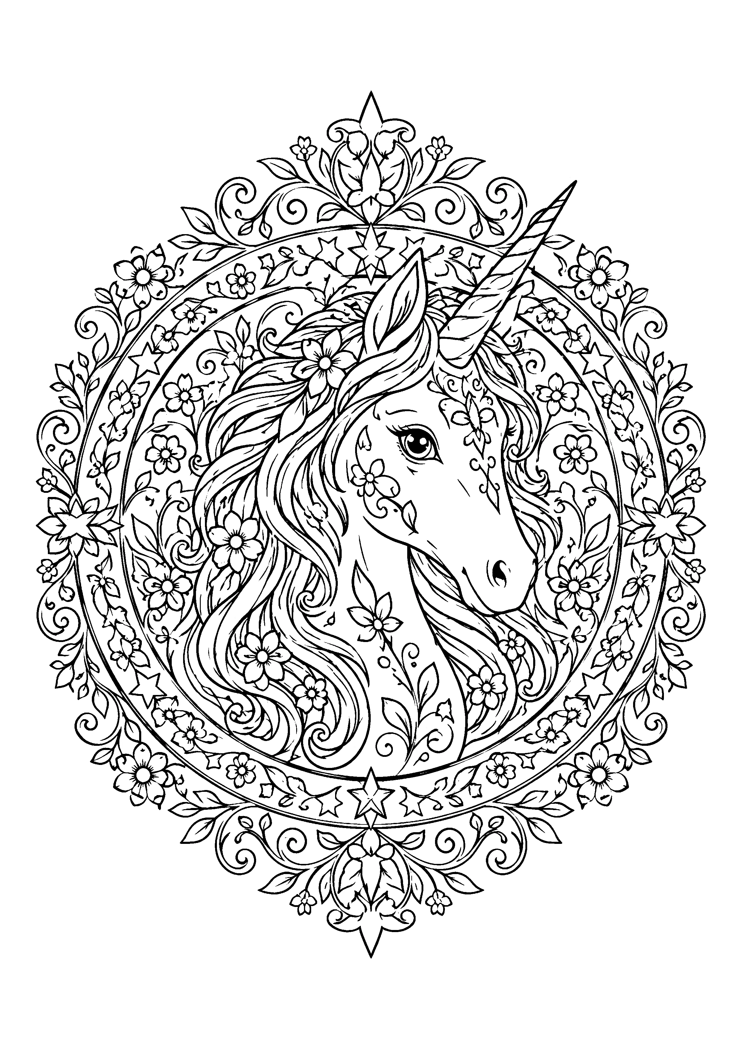 Unicorn head in mandala coloring page, printable line art