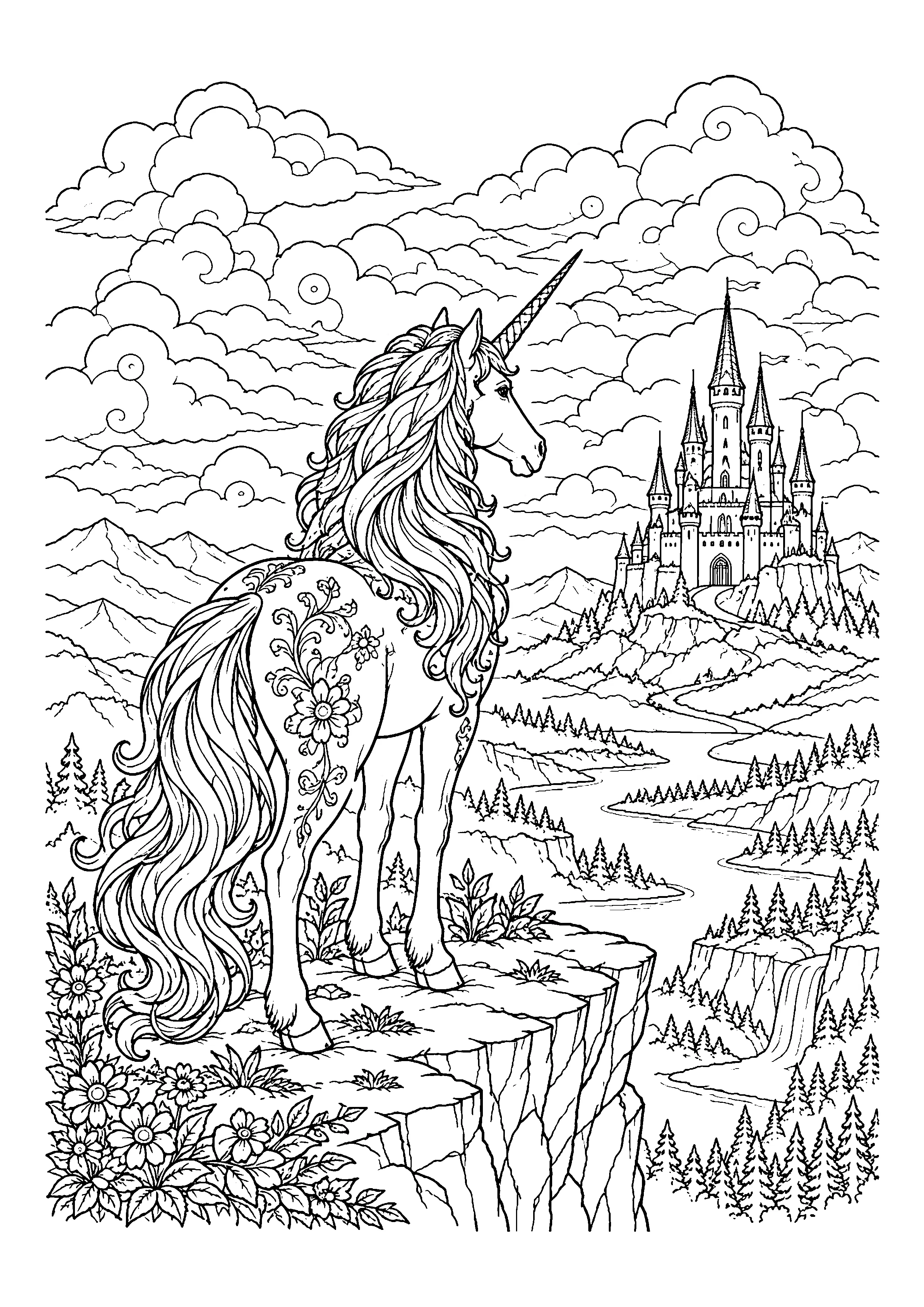 Unicorn above castle valley coloring page, printable line art
