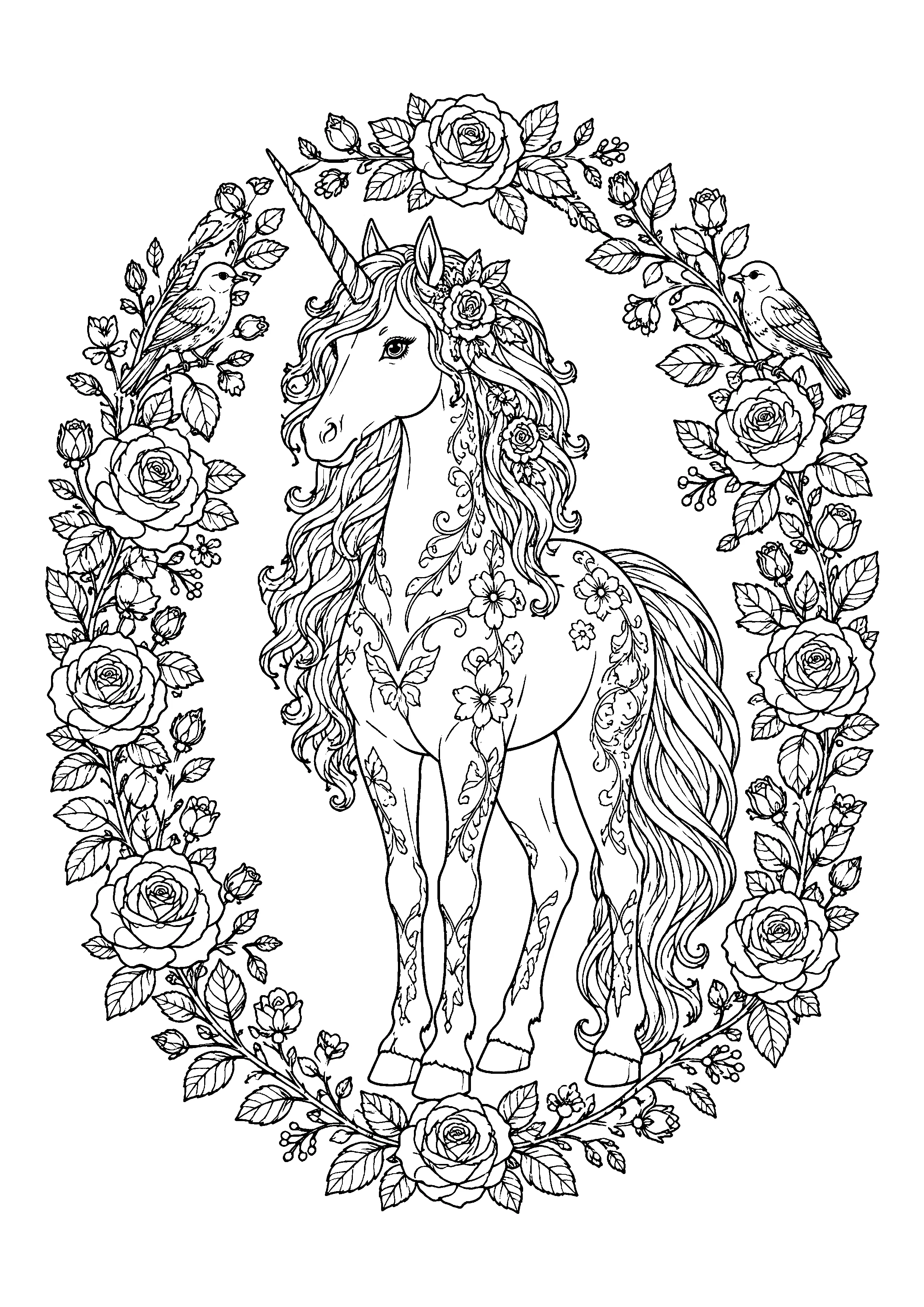 Unicorn in rose wreath coloring page, printable line art