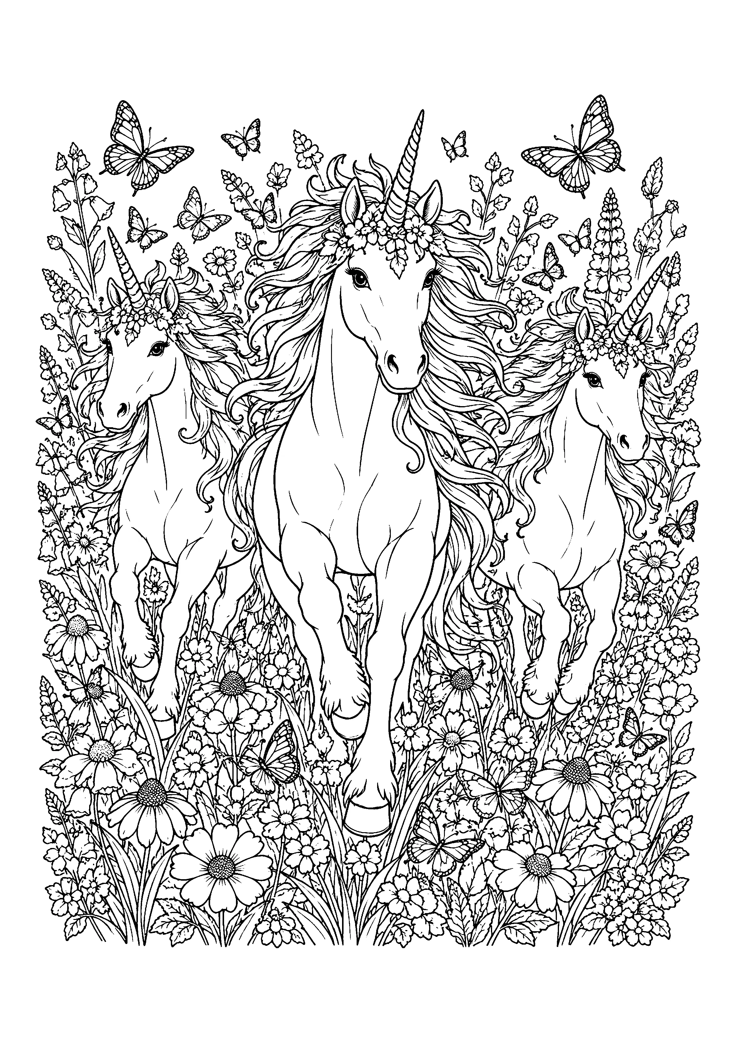 Three unicorns among flowers coloring page, printable line art
