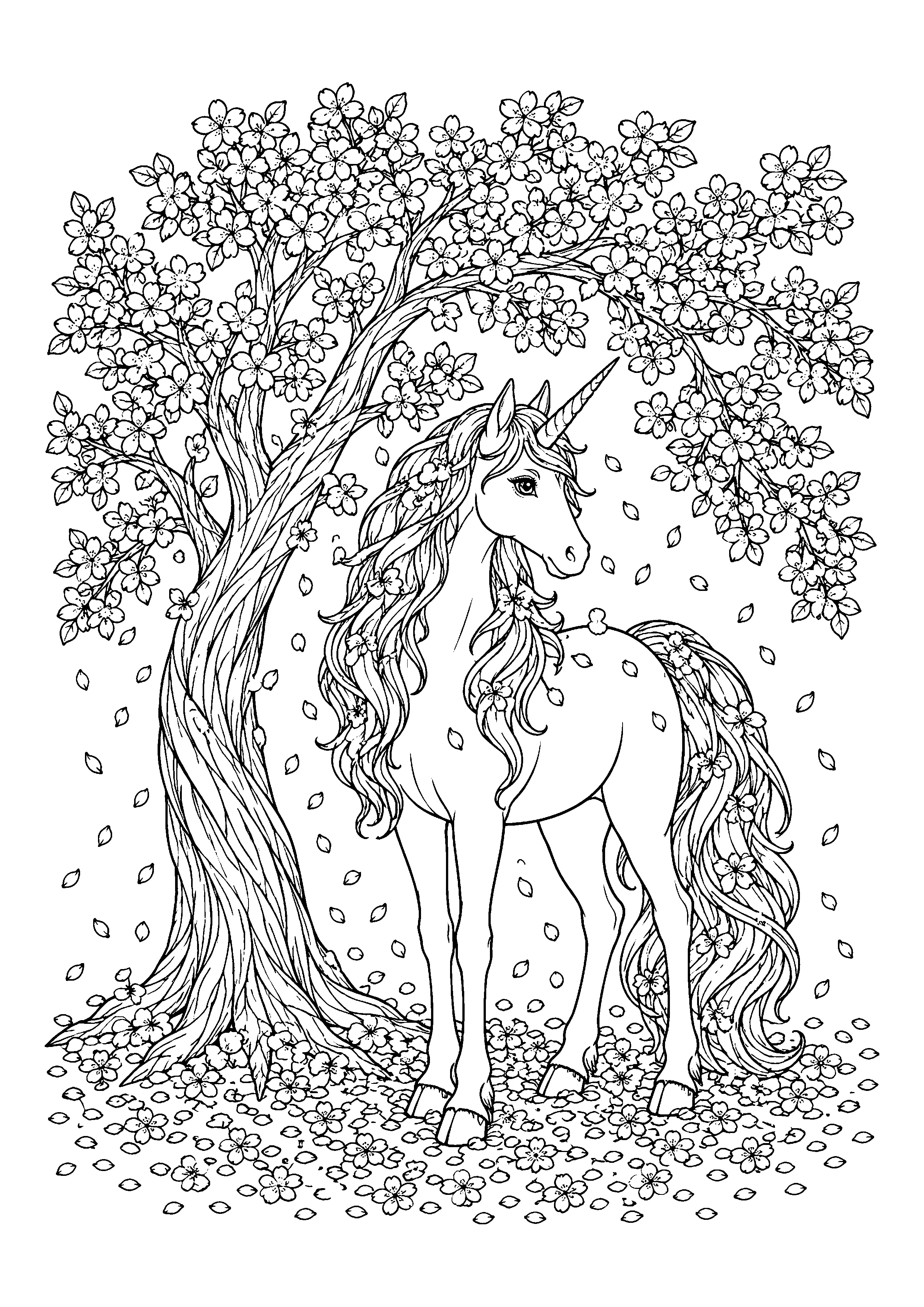 Unicorn under blossoming tree coloring page, printable line art