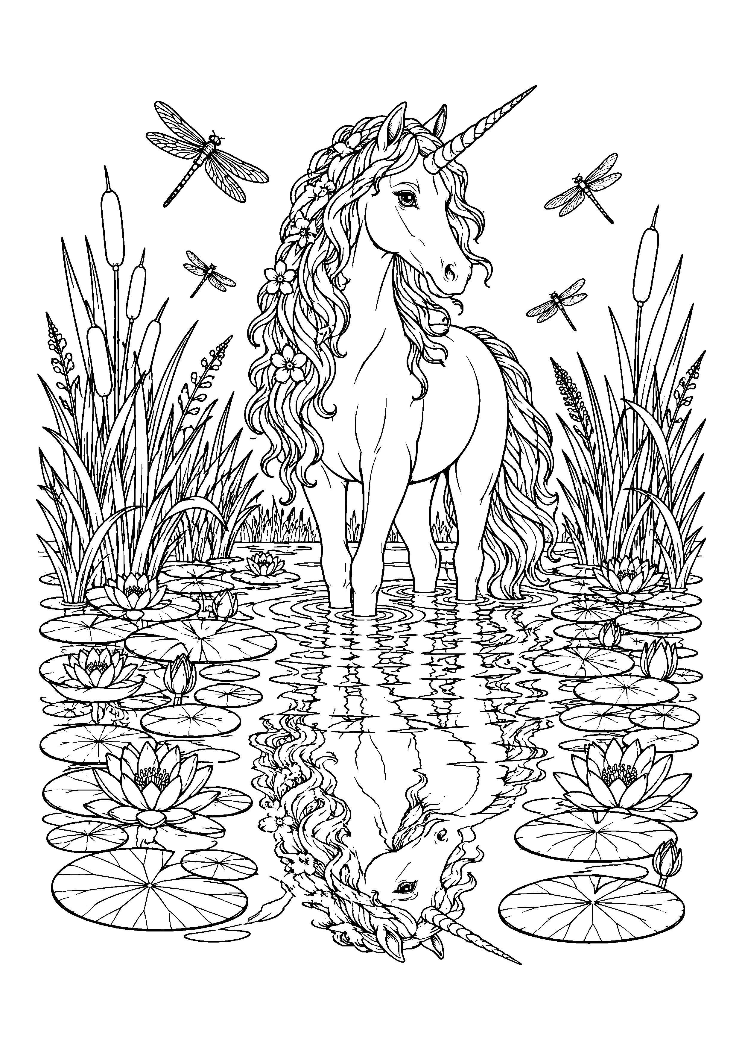 Unicorn in lily pond coloring page, printable line art