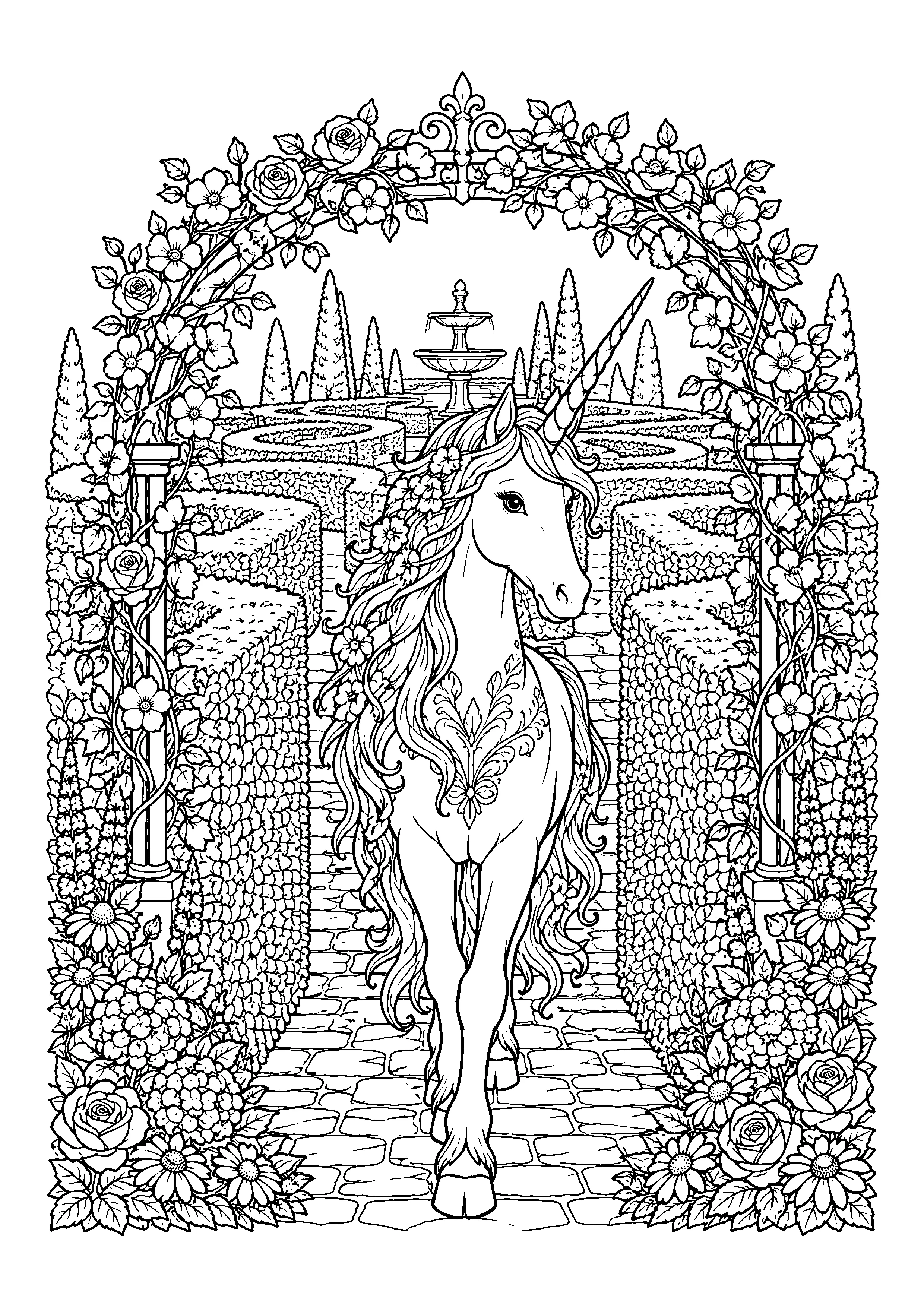 Unicorn in garden maze coloring page, printable line art