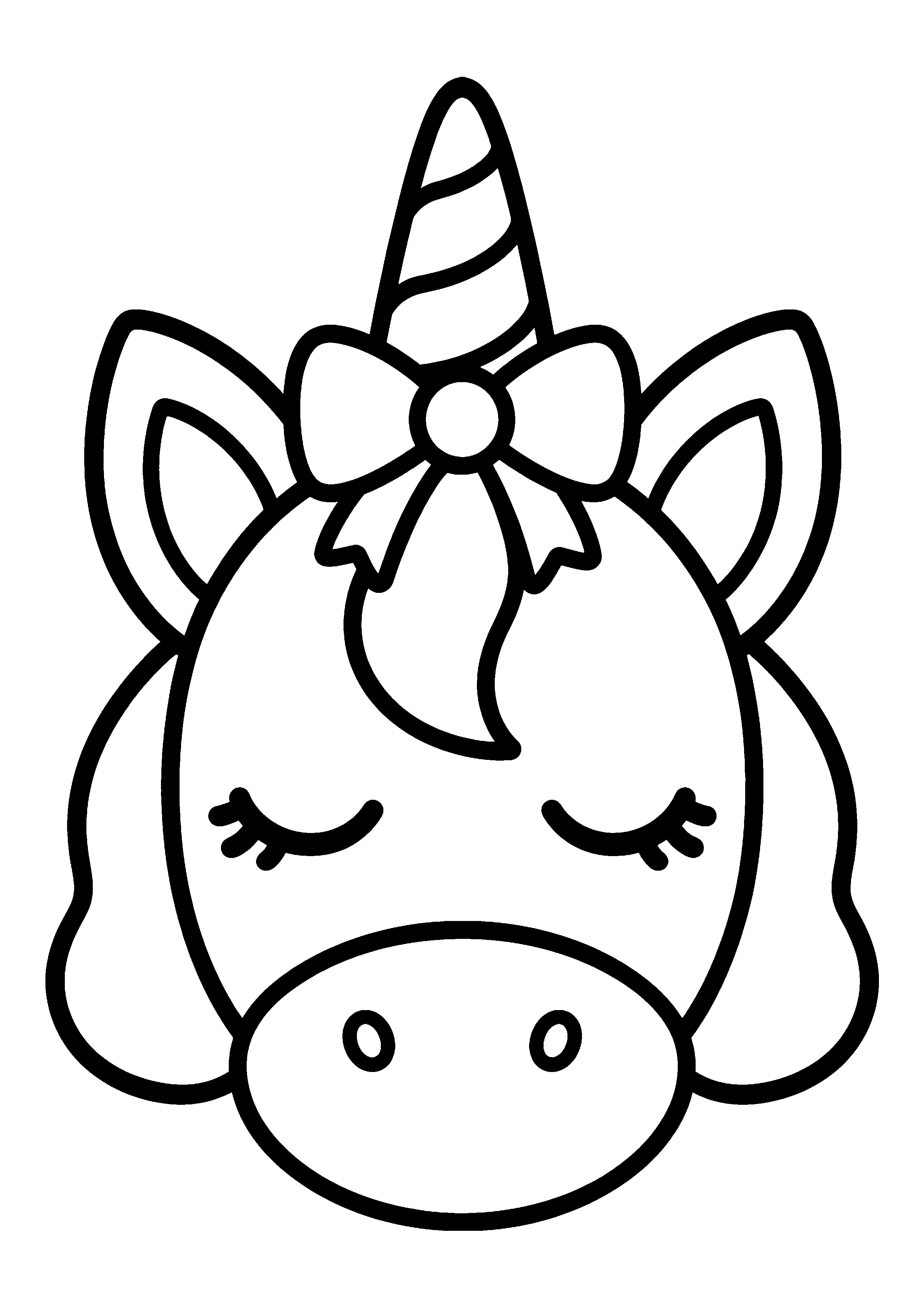 Unicorn head with bow coloring page, printable line art