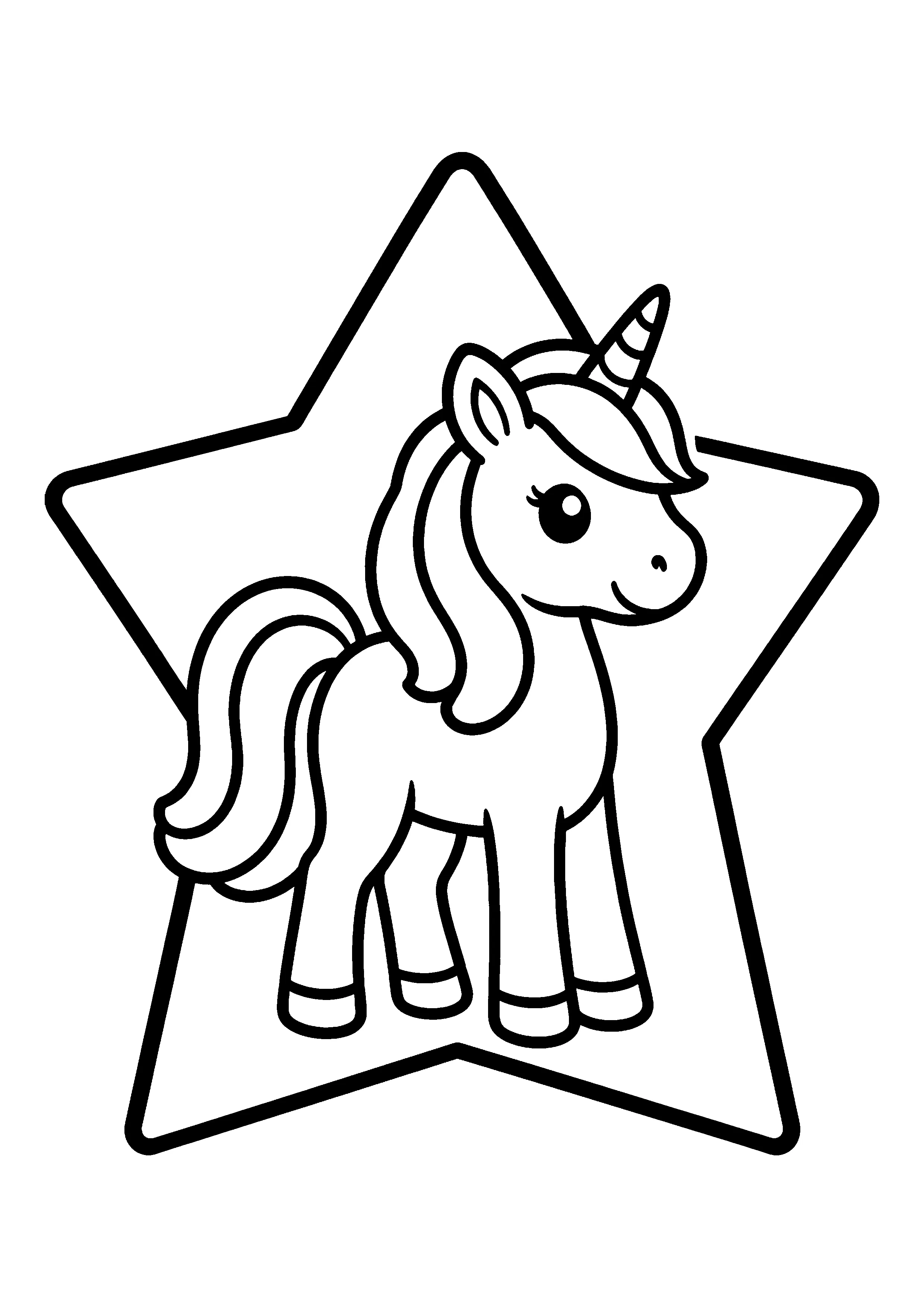 Unicorn standing in a star coloring page, printable line art
