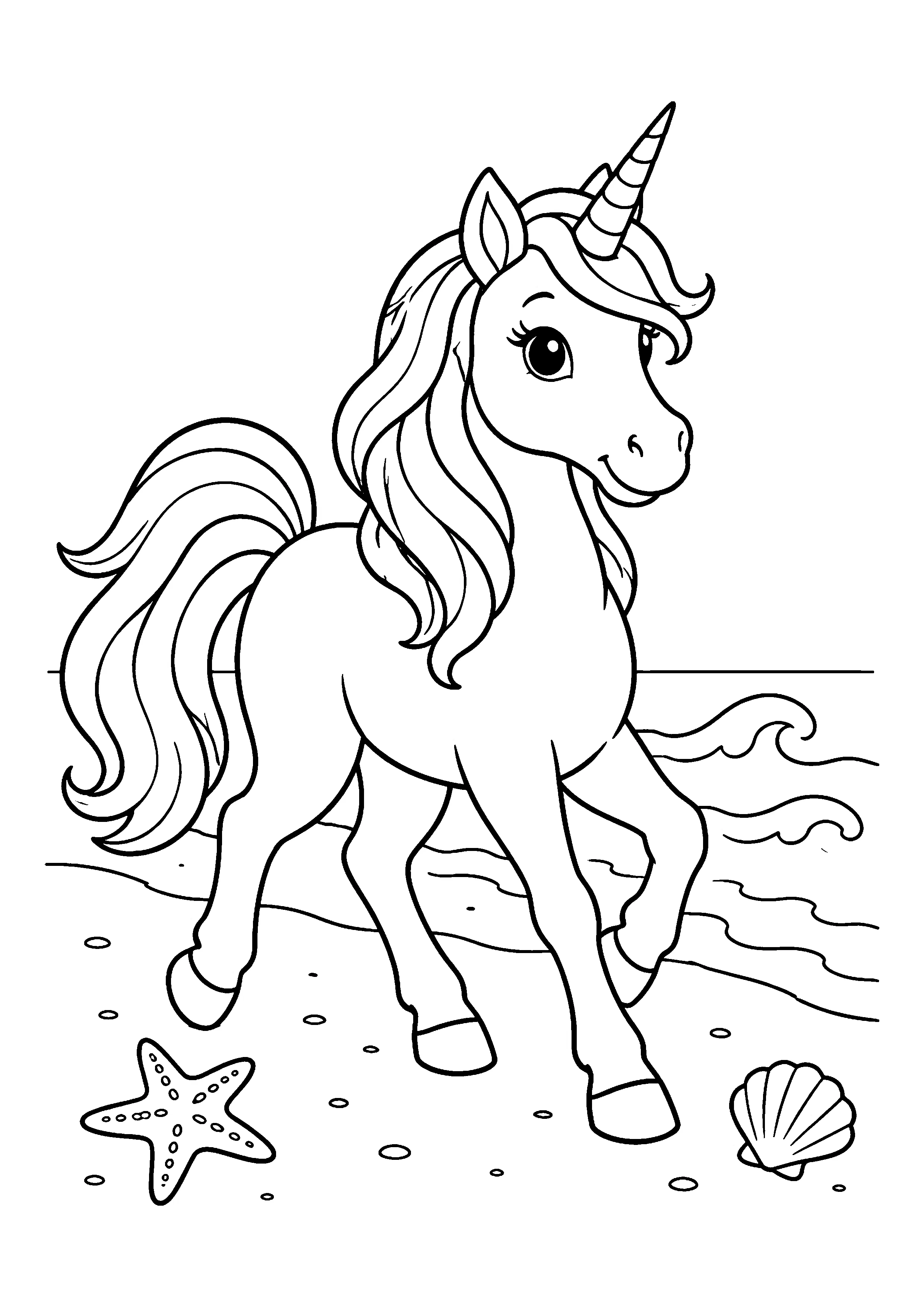 Unicorn trotting on the beach coloring page, printable line art