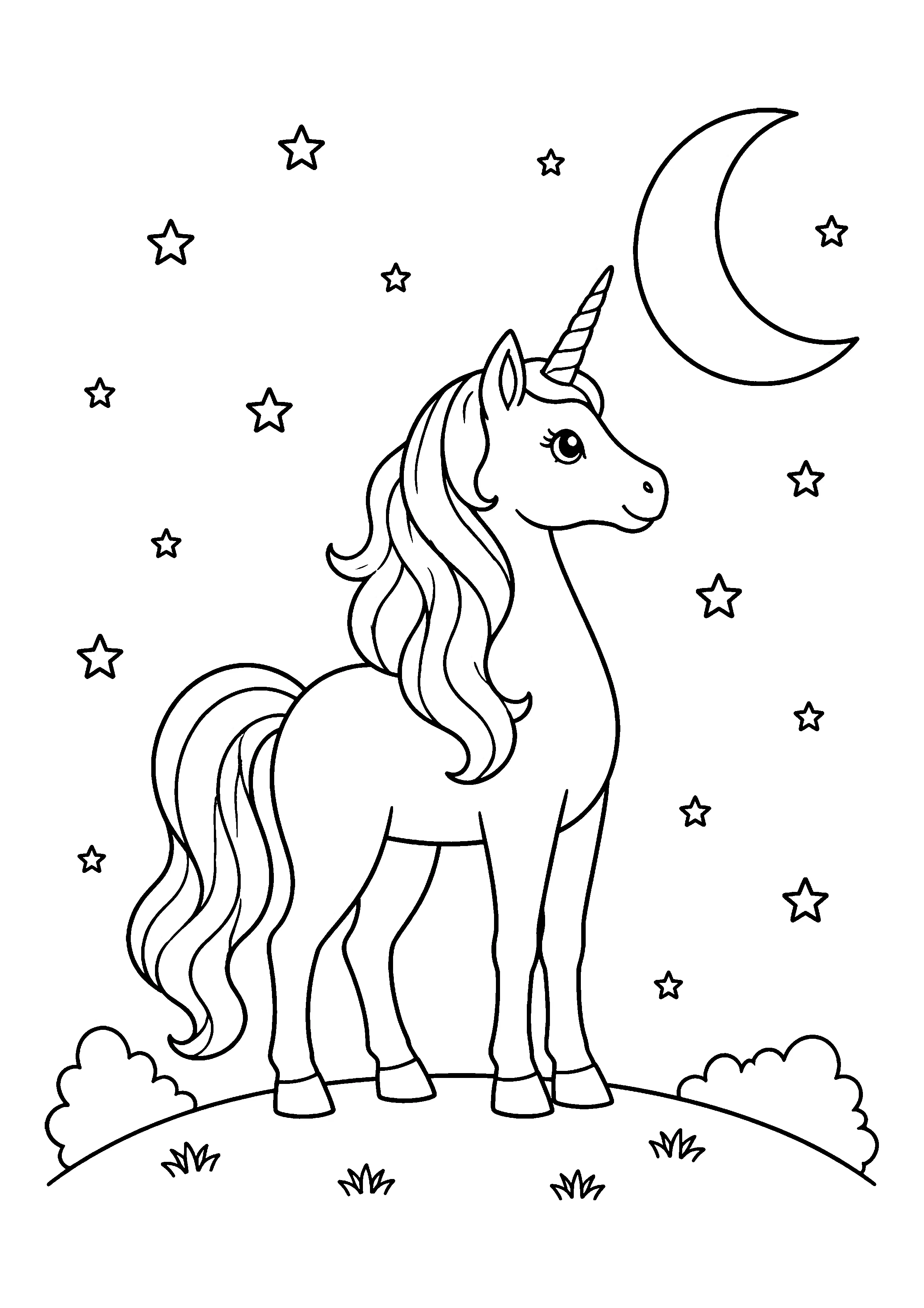 Unicorn under crescent moon with stars coloring page, printable line art