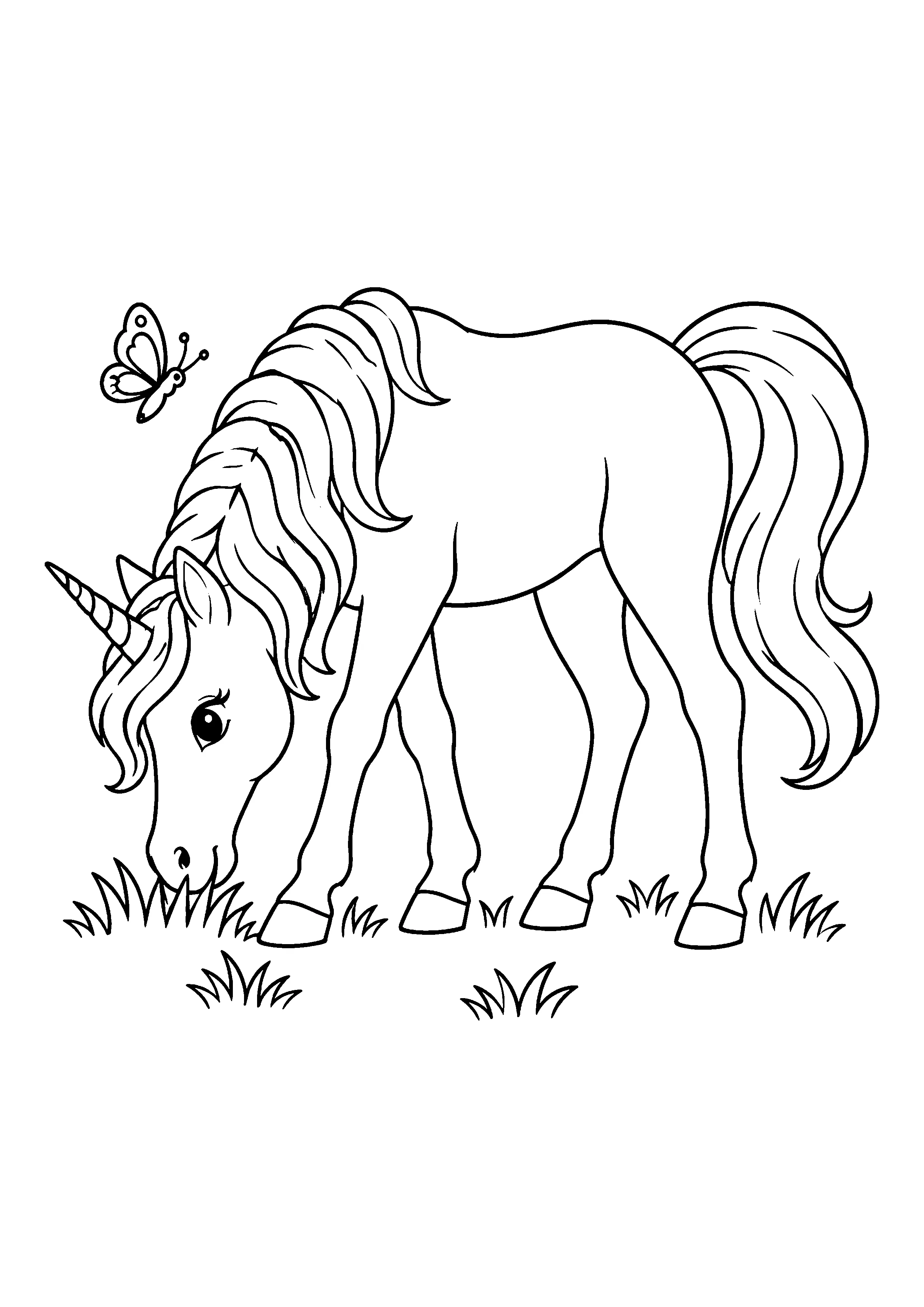 Unicorn grazing with butterfly coloring page, printable line art