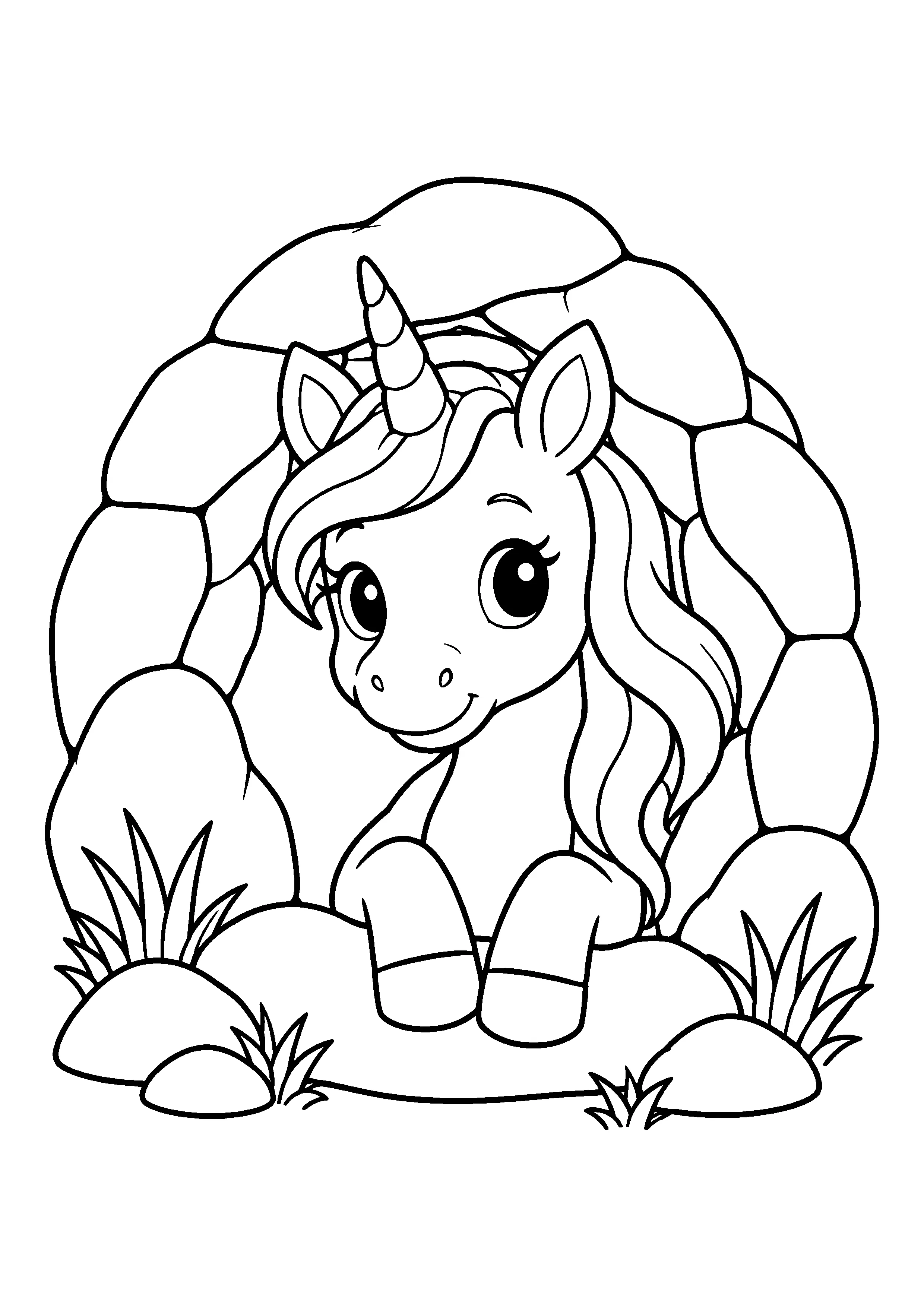 Unicorn in rocky cave coloring page, printable line art