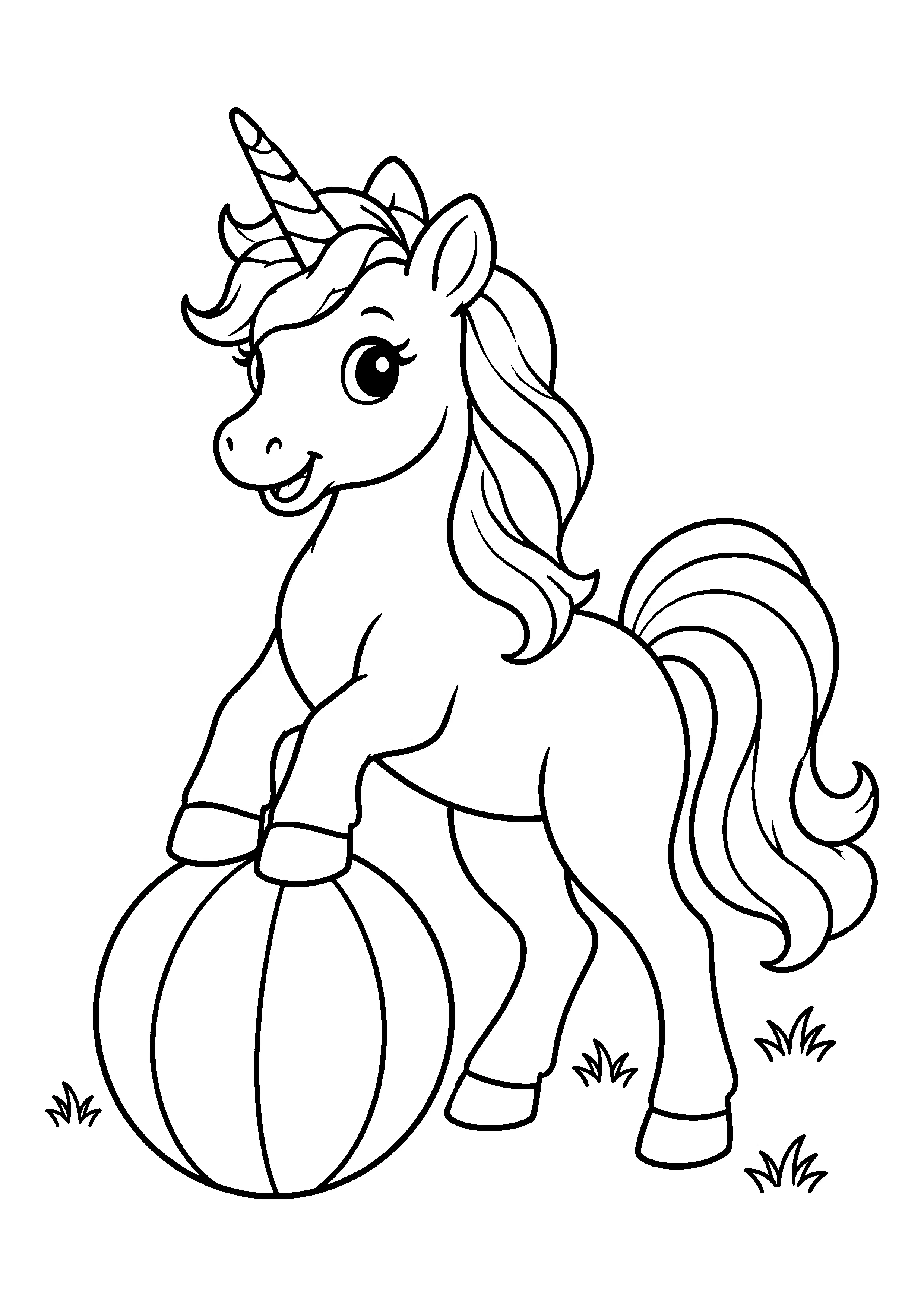 Unicorn balancing on ball coloring page, printable line art