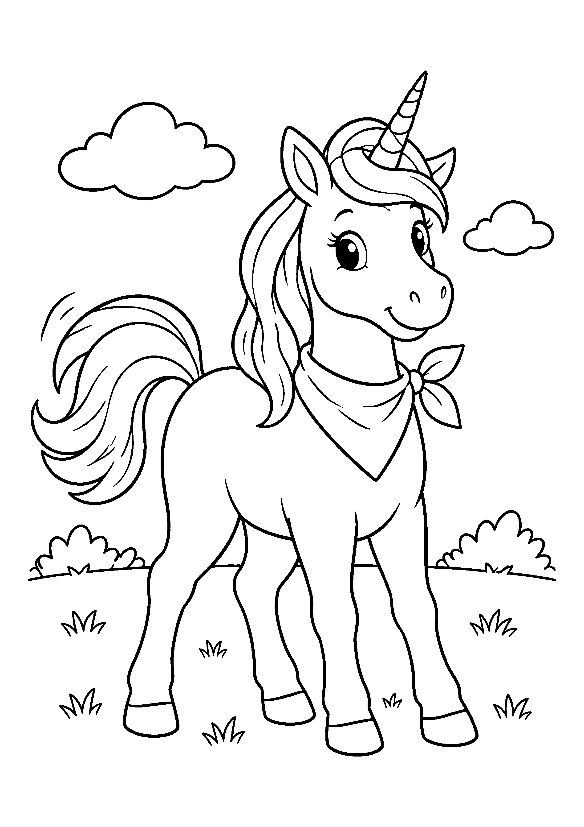 Unicorn with knotted bandana coloring page, printable line art