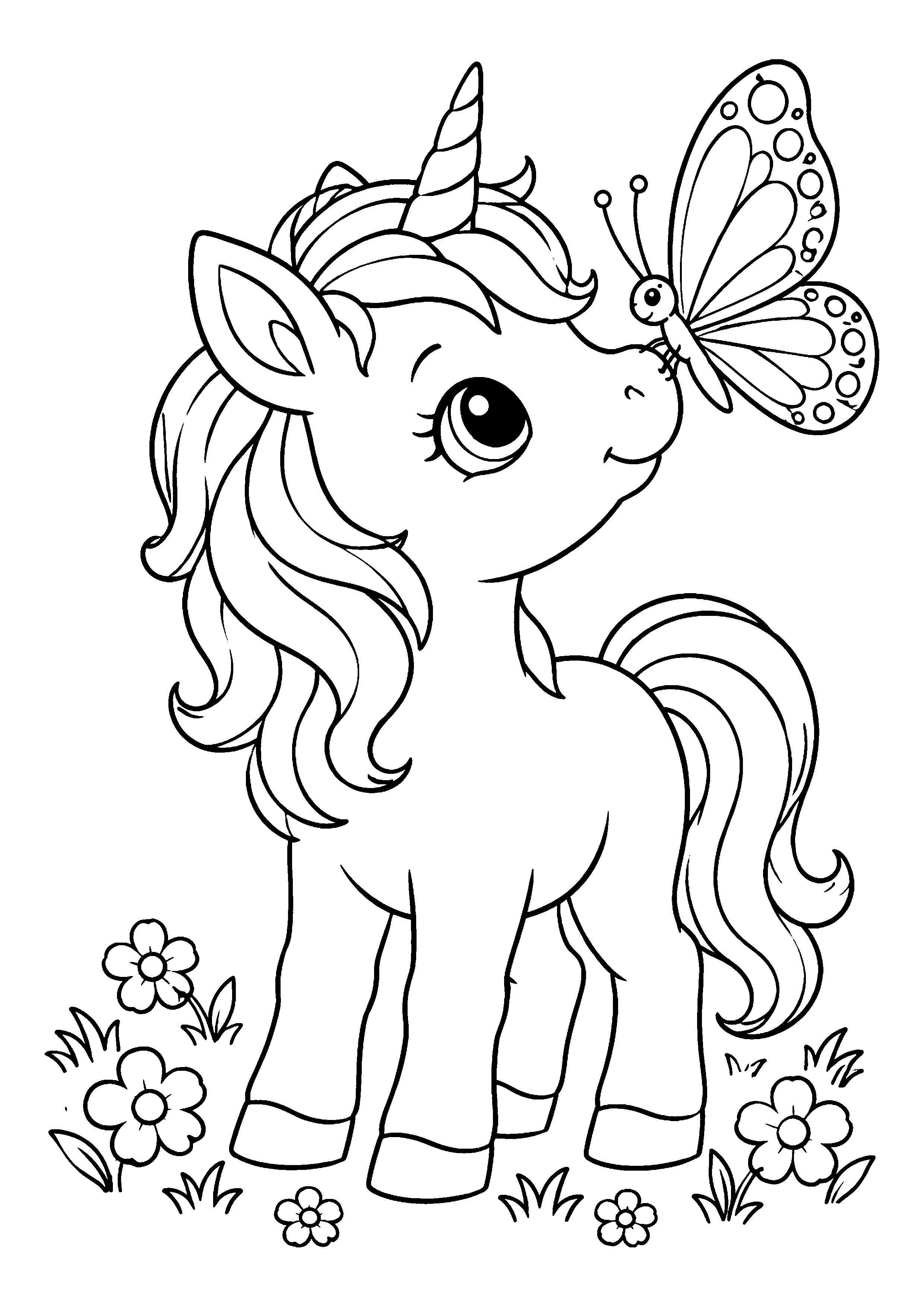 Baby unicorn nuzzling butterfly coloring page, printable line art