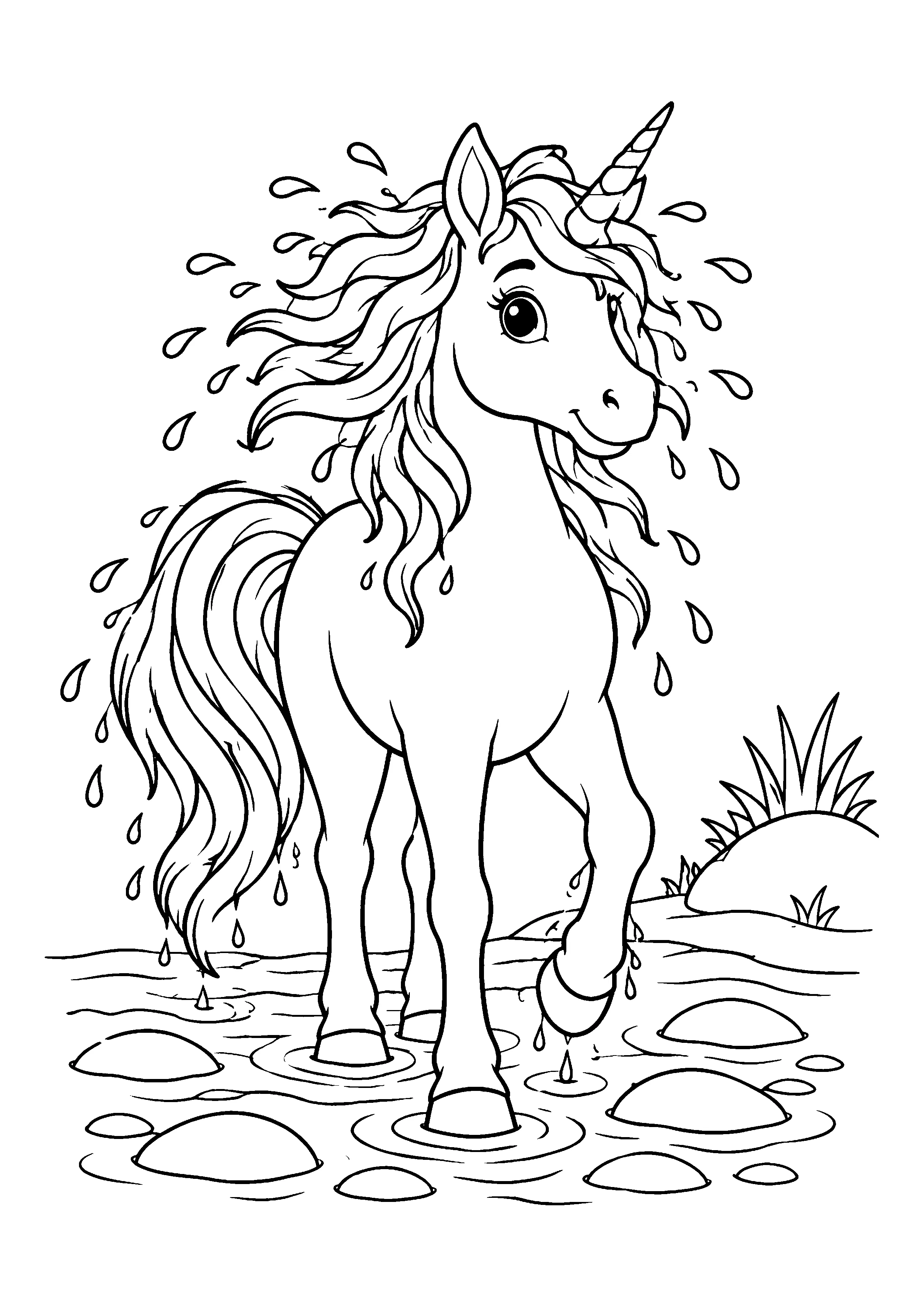 Unicorn shaking off water coloring page, printable line art