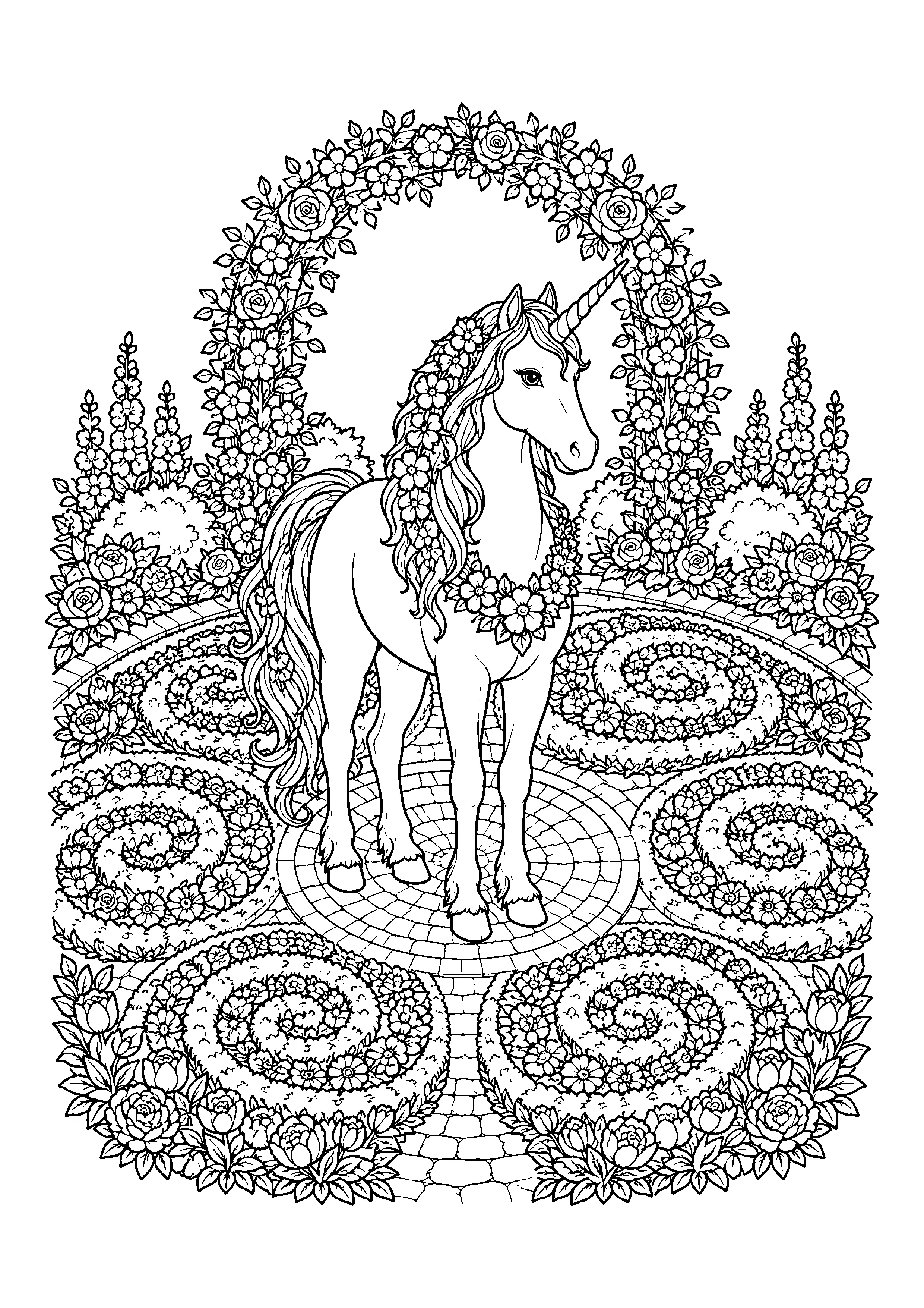 Unicorn in spiral garden coloring page, printable line art