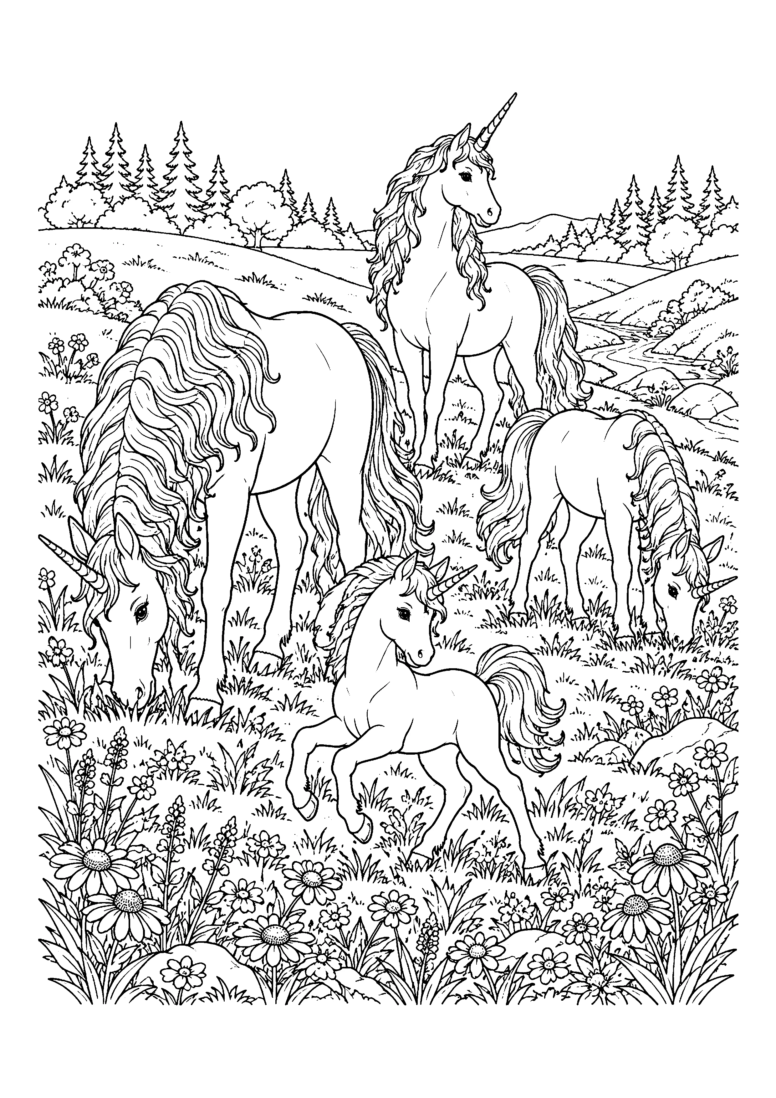 Unicorn herd on hillside coloring page, printable line art