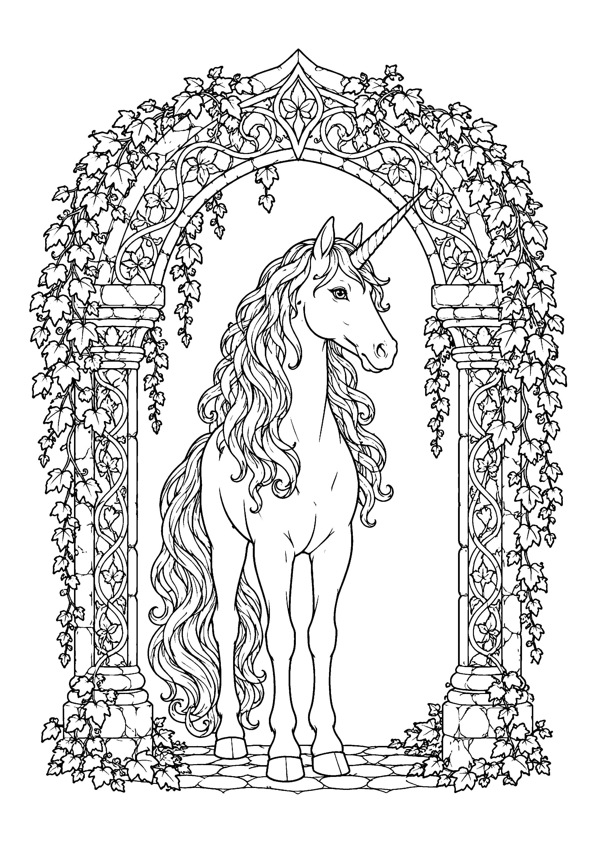 Unicorn under stone archway with ivy coloring page, printable line art