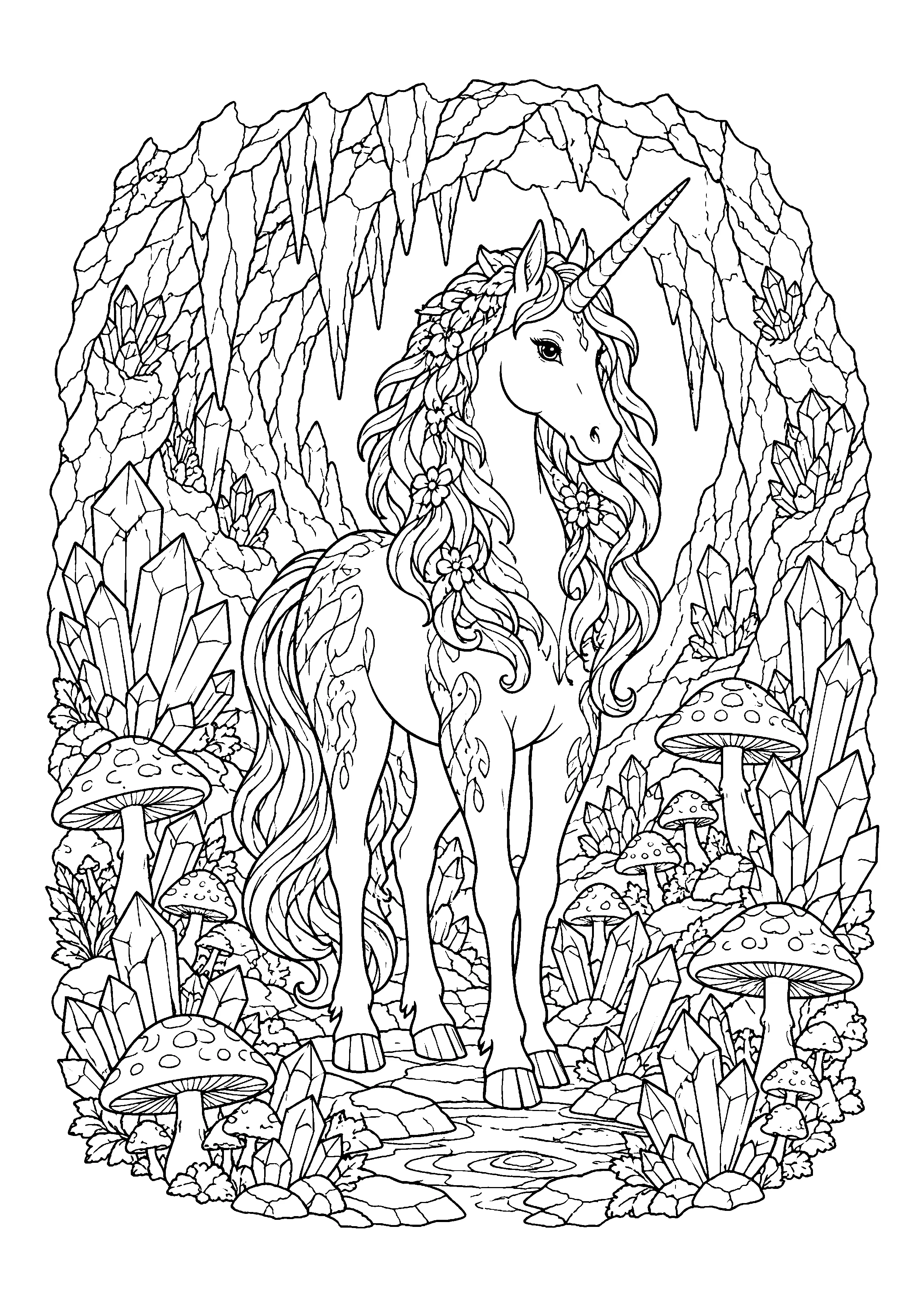 Unicorn in crystal grotto coloring page, printable line art