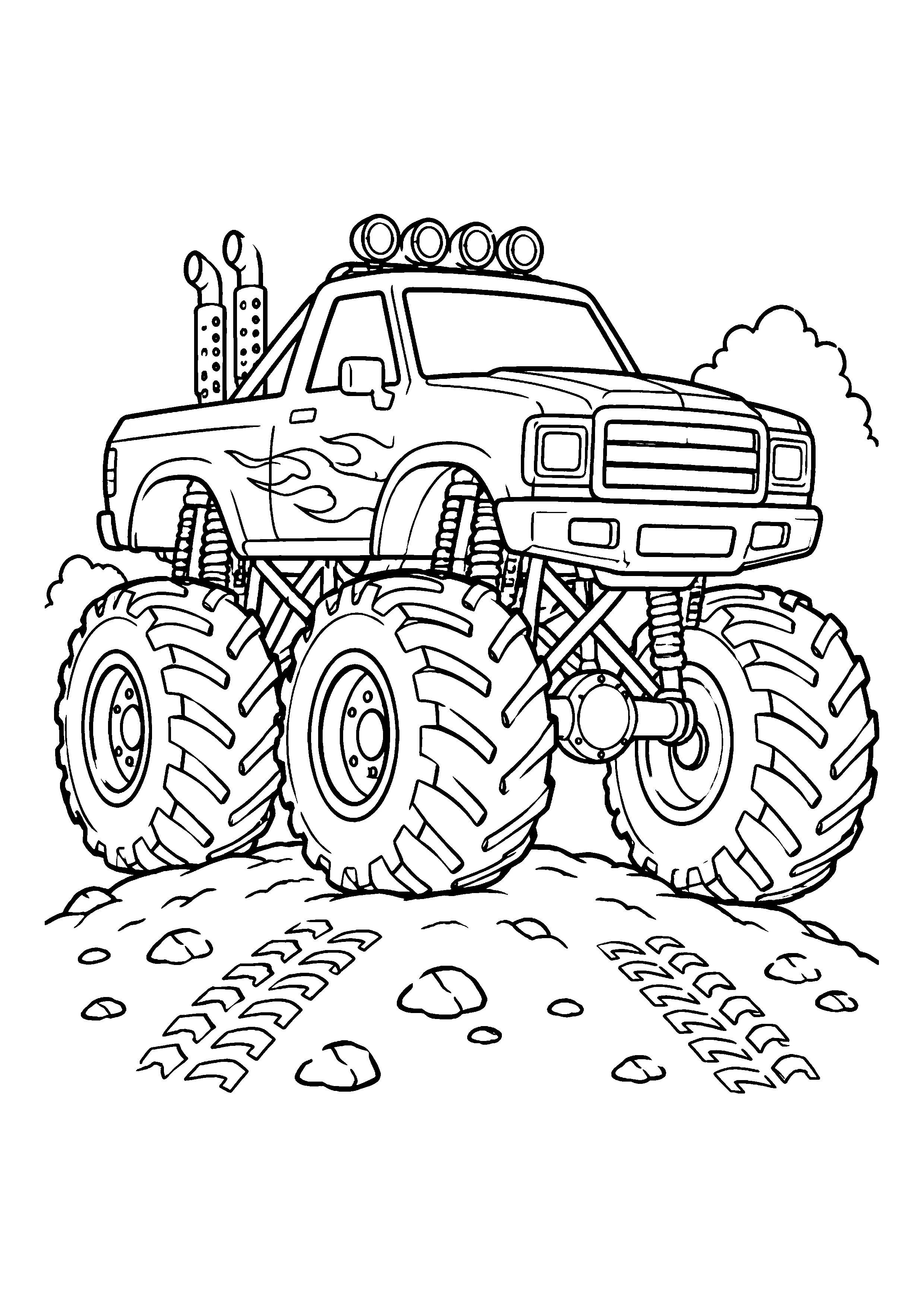 Monster truck on dirt mound coloring page, printable line art