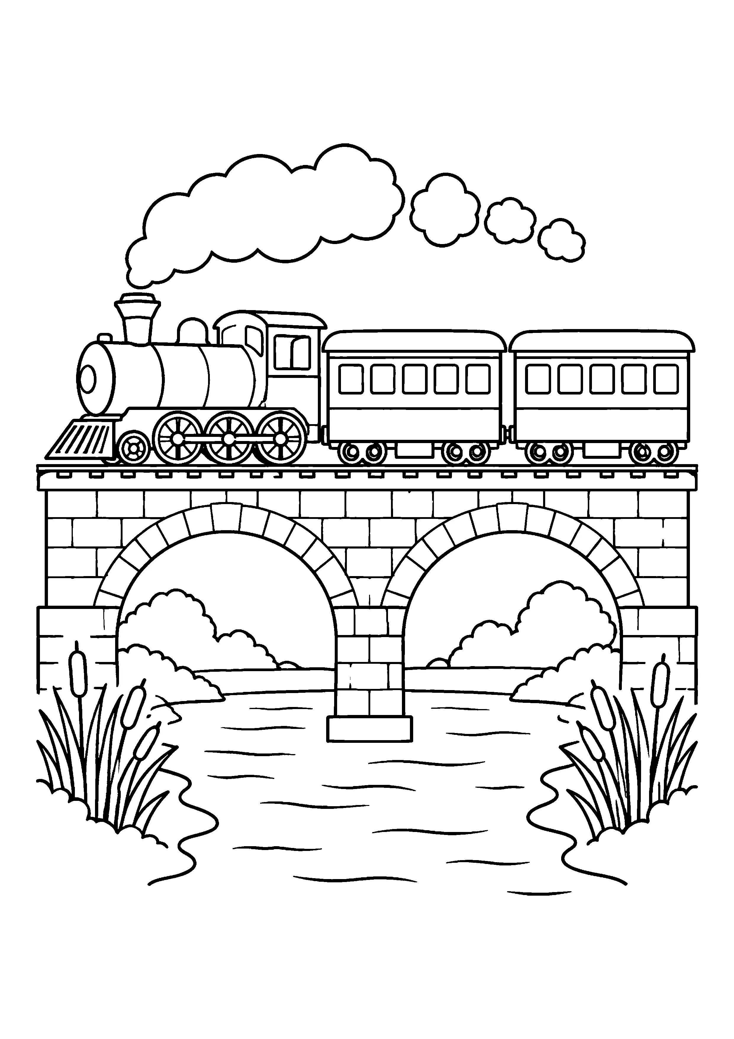 Steam train on bridge coloring page, printable line art