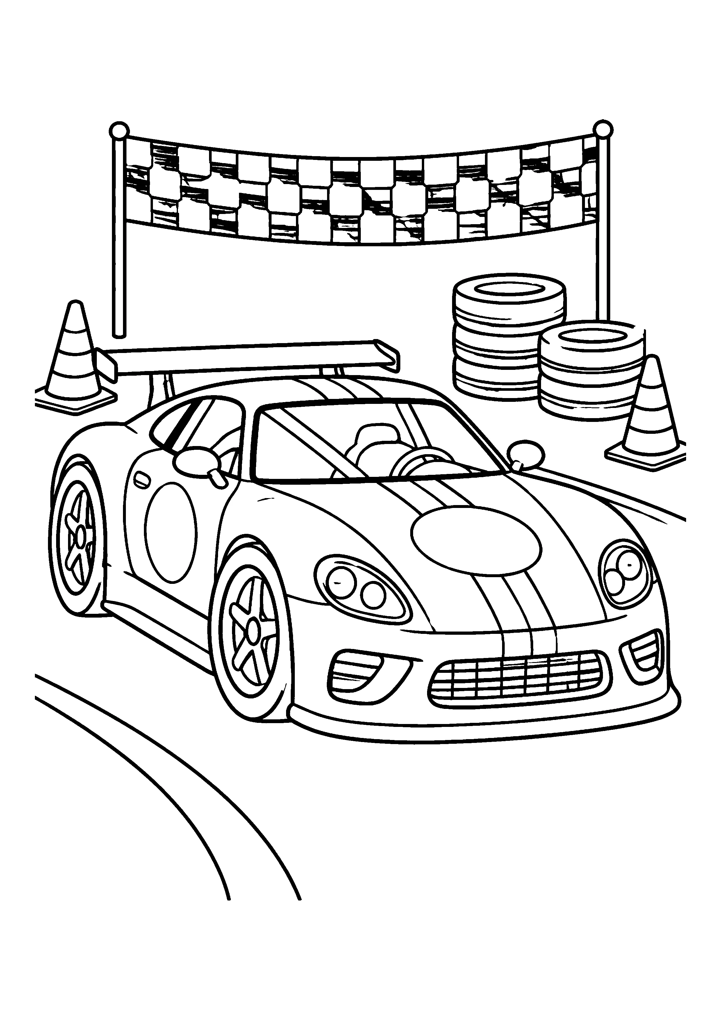 Race car on track coloring page, printable line art