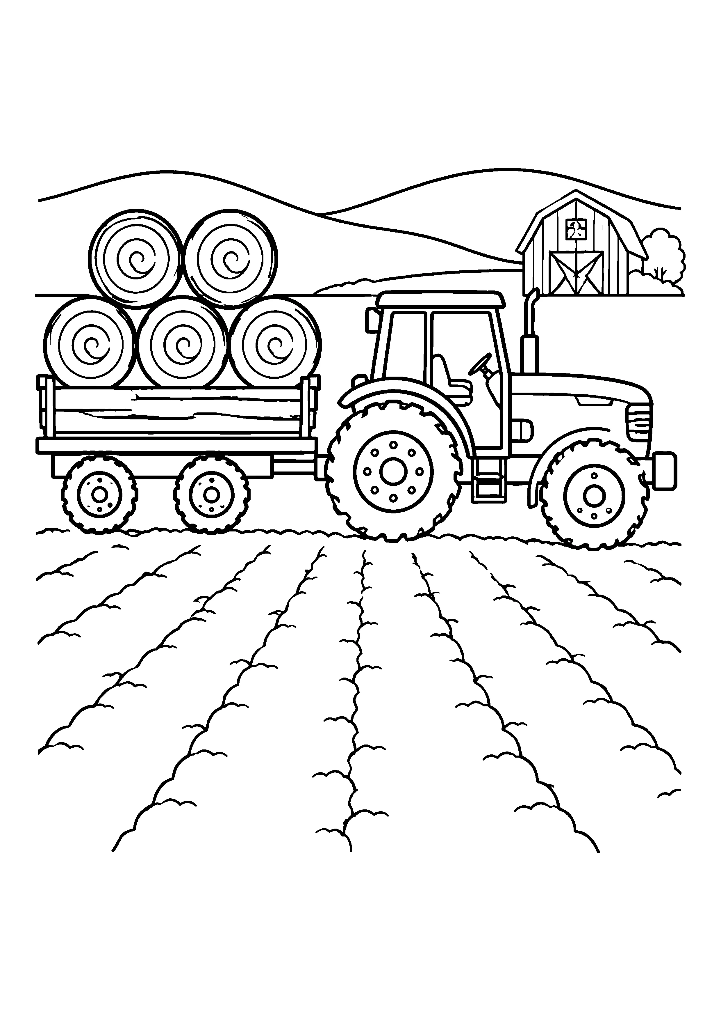 Tractor with hay bales coloring page, printable line art