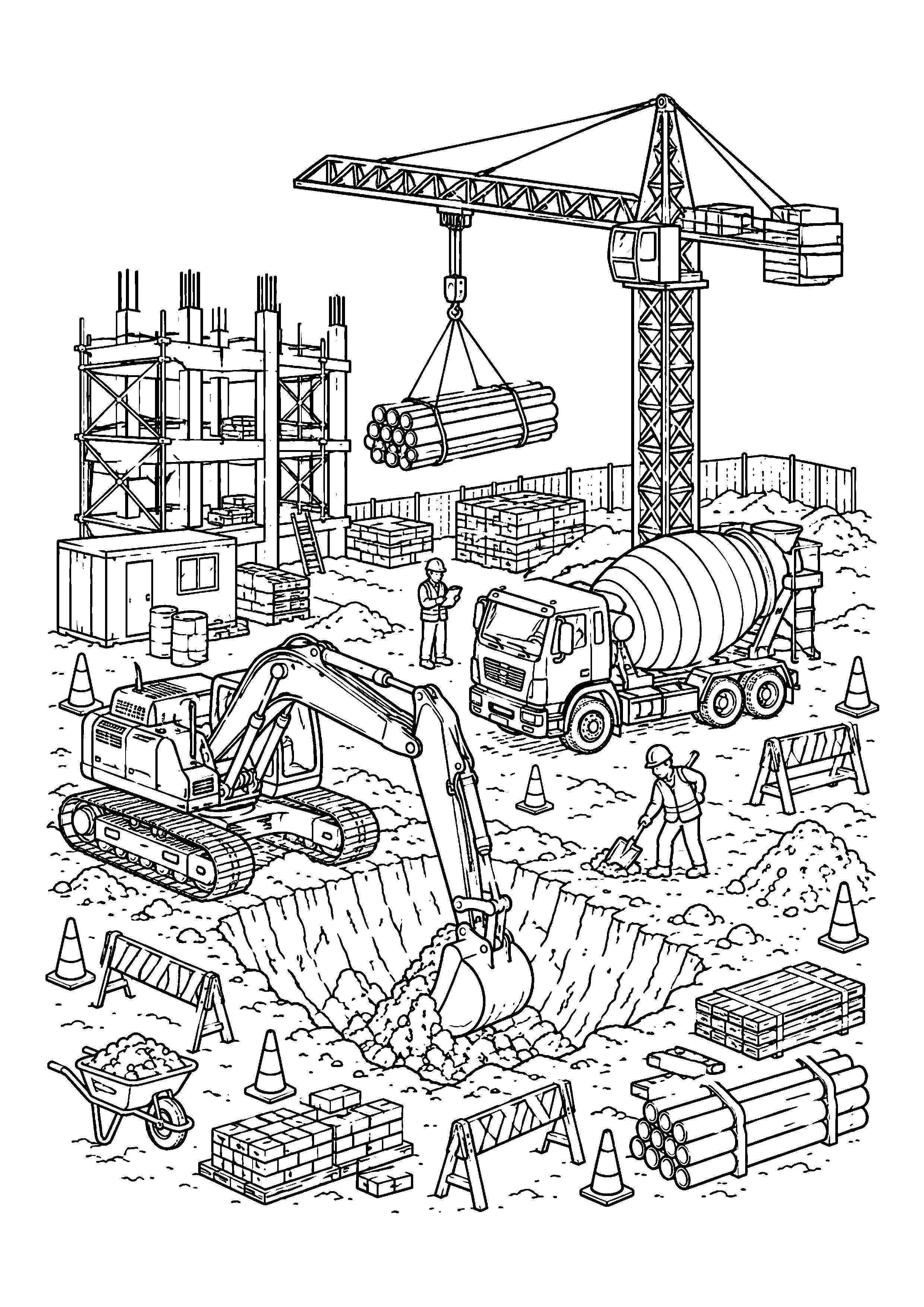 Construction vehicles at work coloring page, printable line art