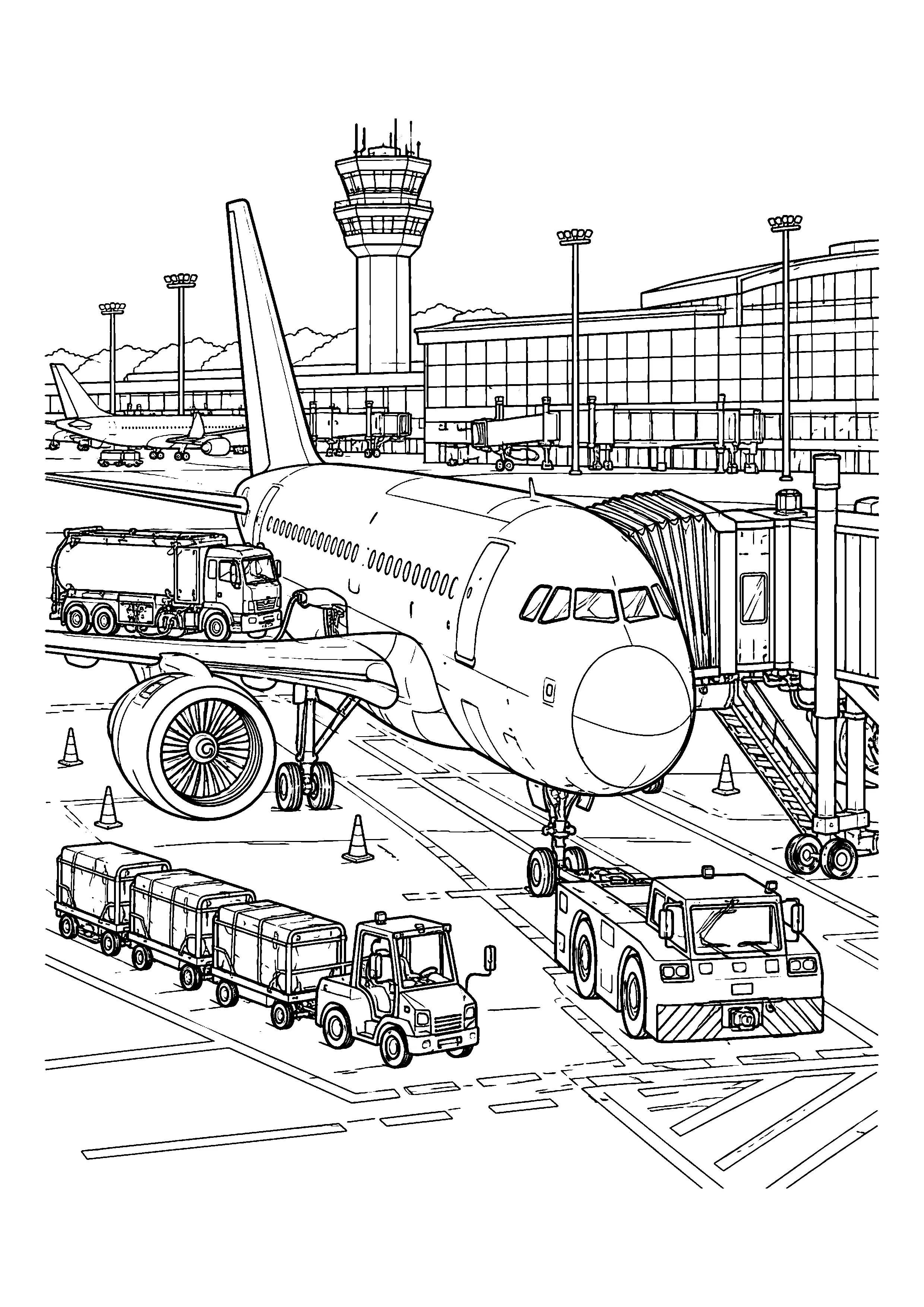 Airplane at airport gate with tug coloring page, printable line art