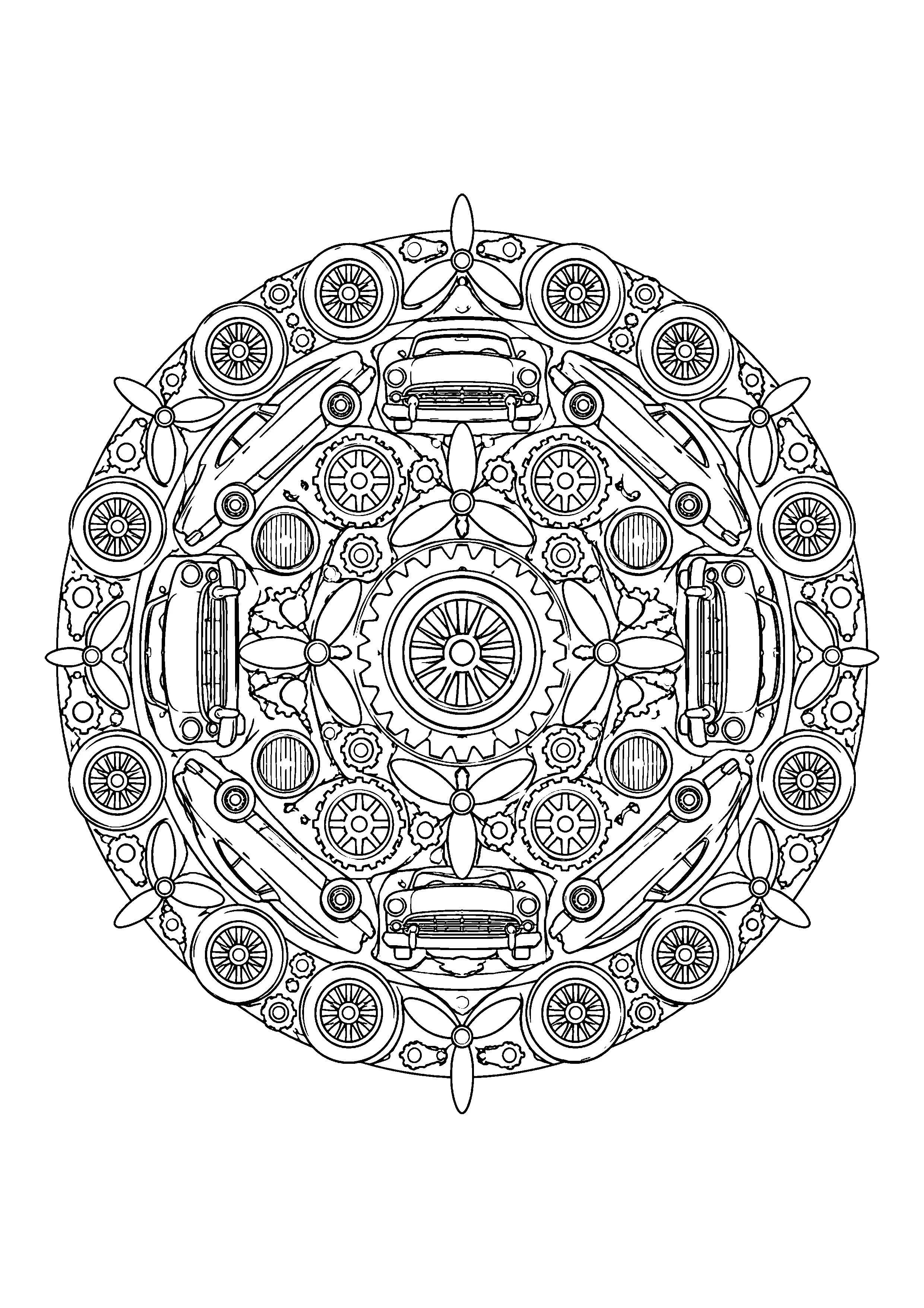 Vehicle mandala with gears coloring page, printable line art